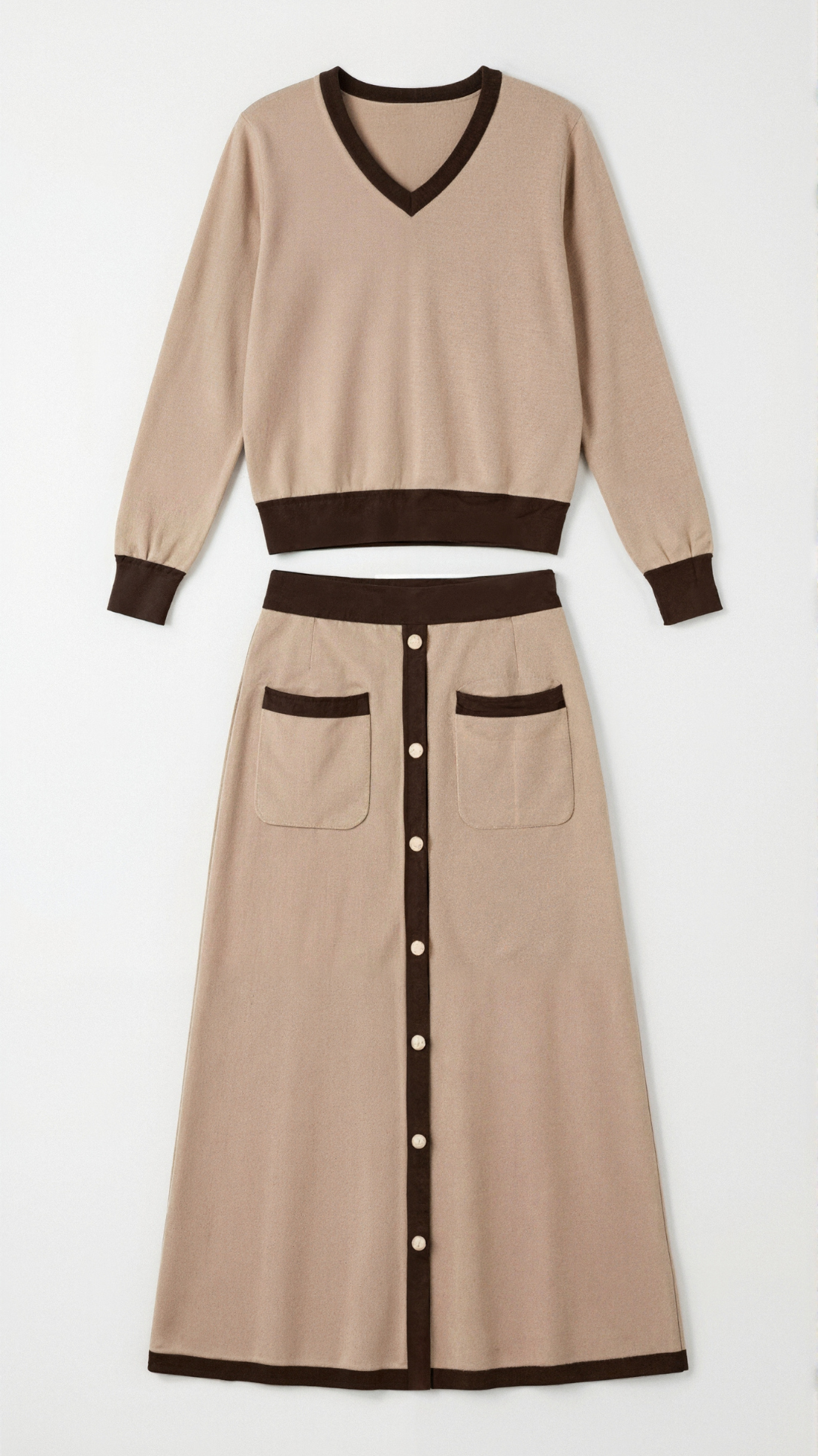 Set Donna Maglia Scollo a V e Gonna Midi Vintage Coordinato