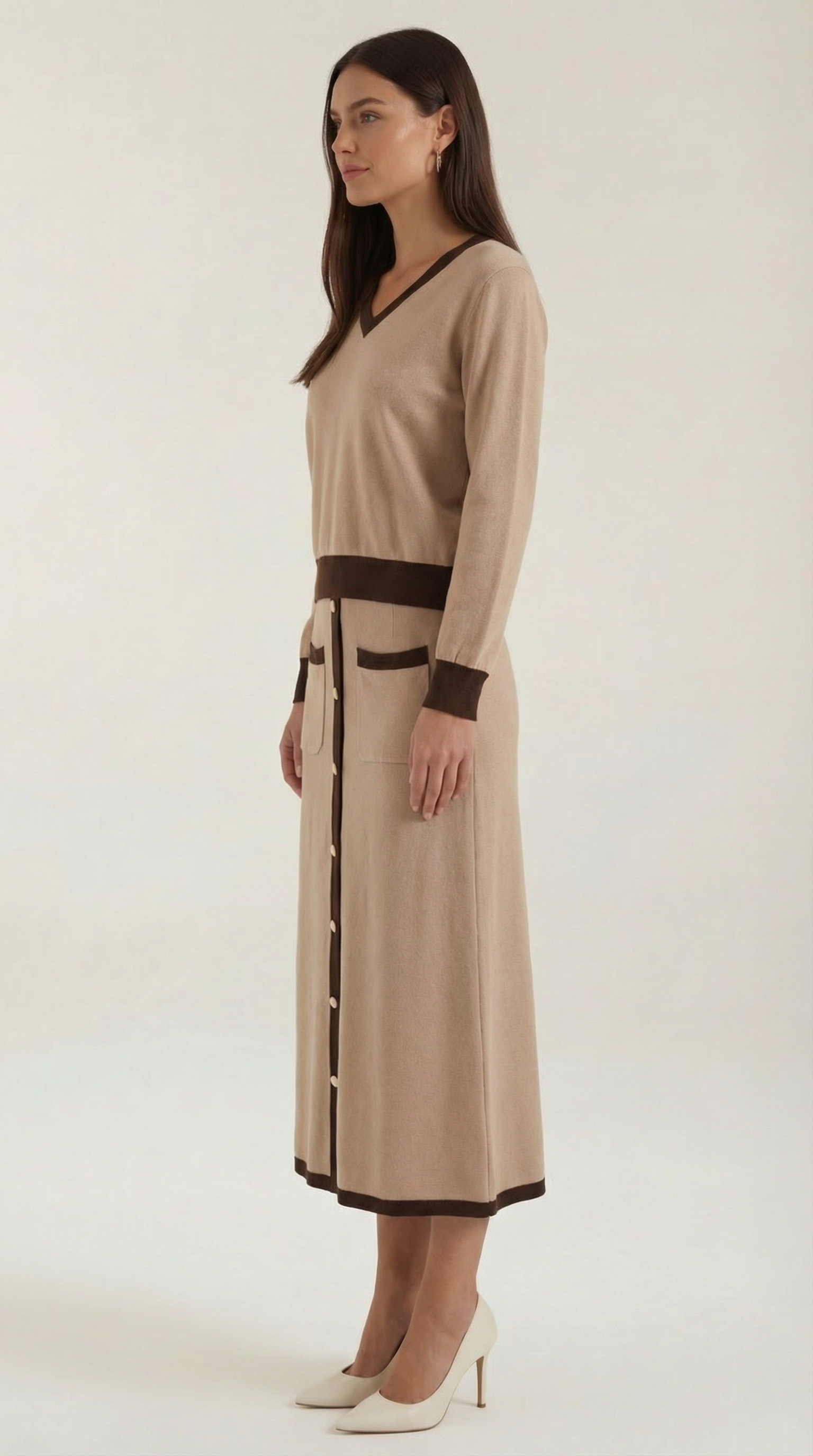 Set Donna Maglia Scollo a V e Gonna Midi Vintage Coordinato