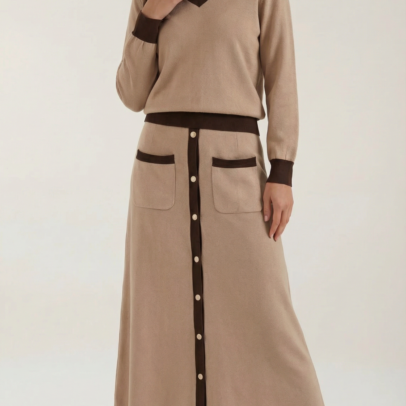 Set Donna Maglia Scollo a V e Gonna Midi Vintage Coordinato