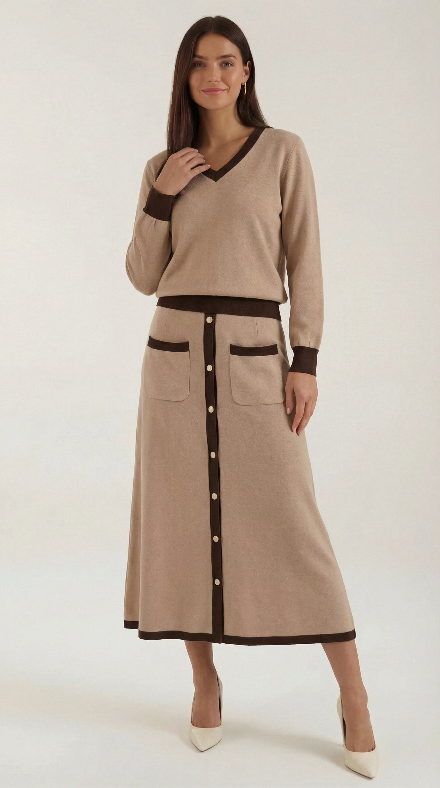 Set Donna Maglia Scollo a V e Gonna Midi Vintage Coordinato