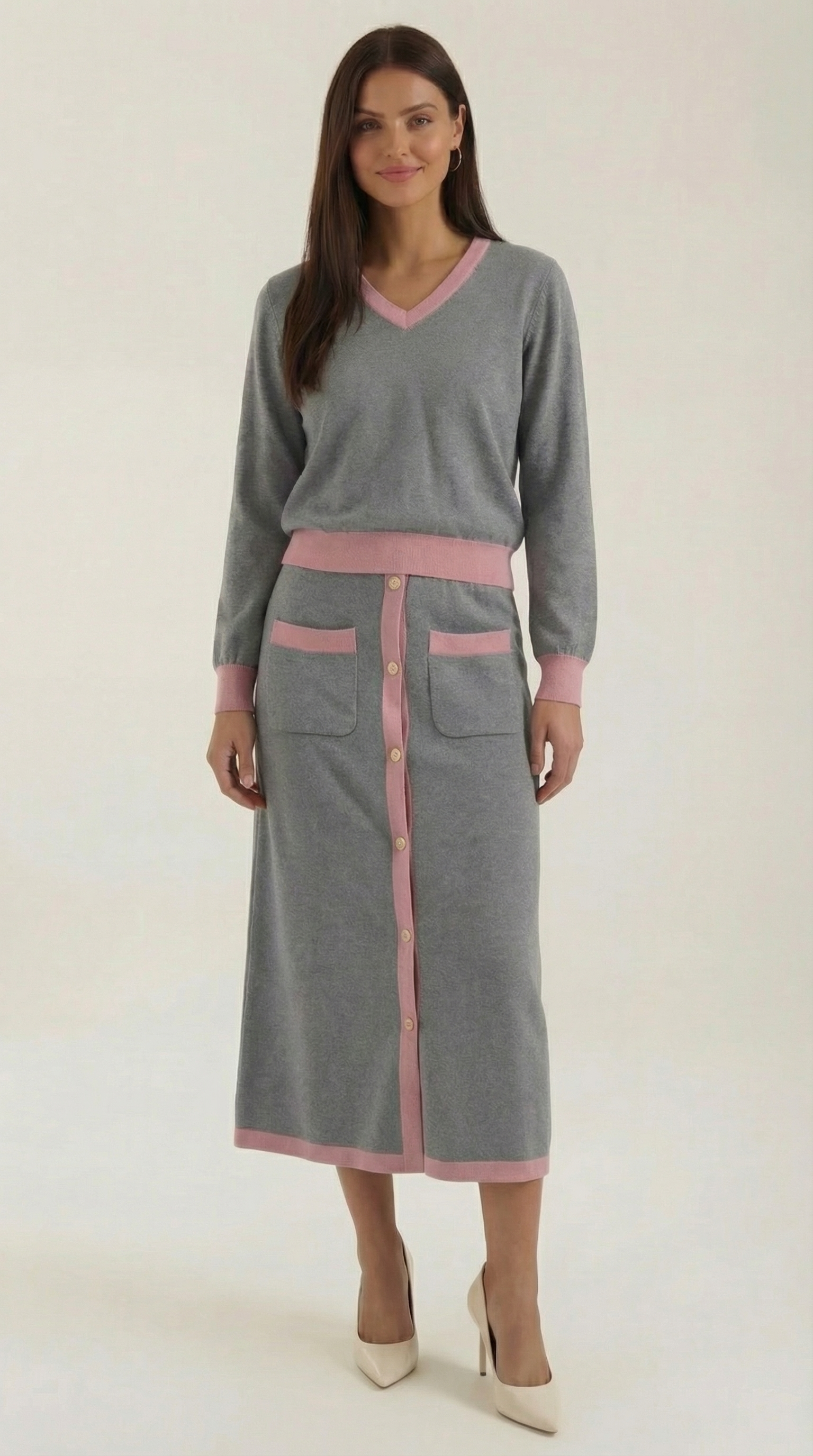 Set Donna Maglia Scollo a V e Gonna Midi Vintage Coordinato