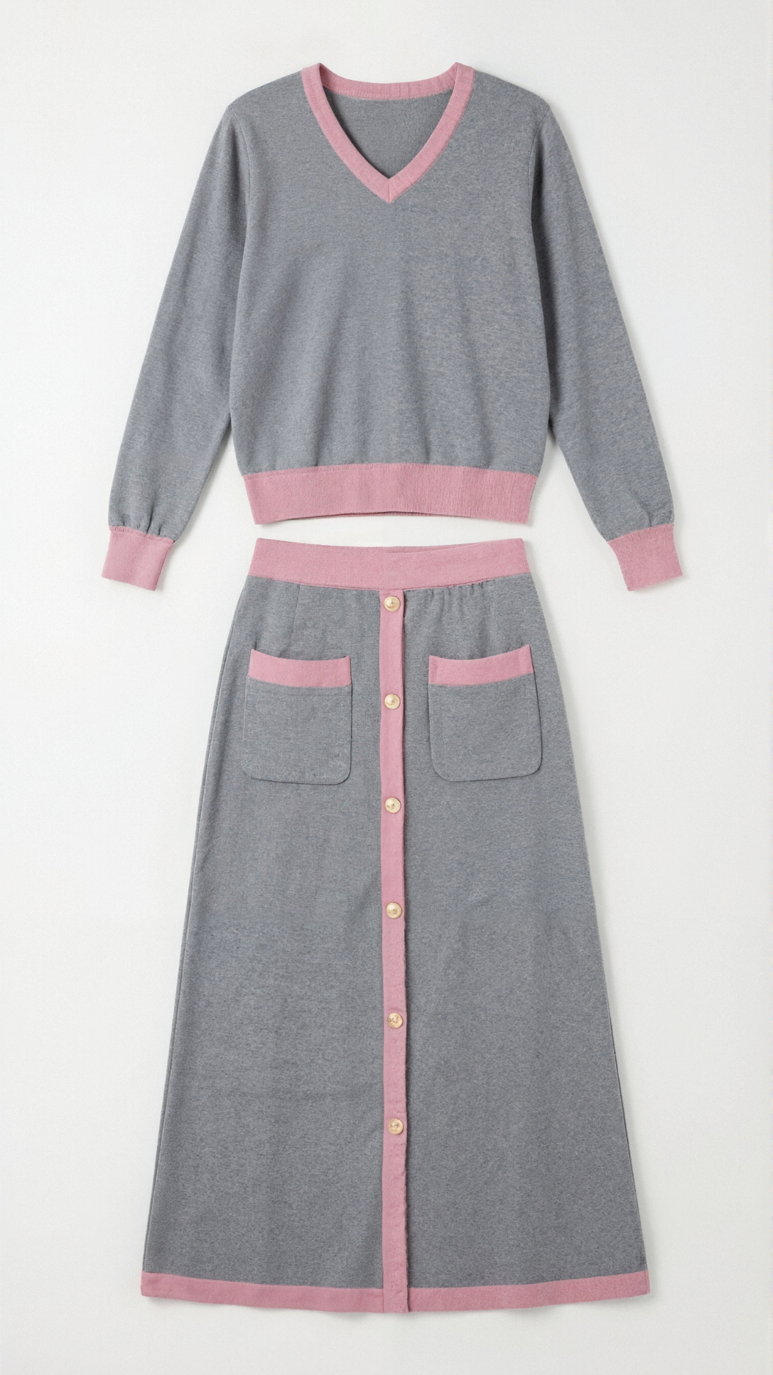 Set Donna Maglia Scollo a V e Gonna Midi Vintage Coordinato