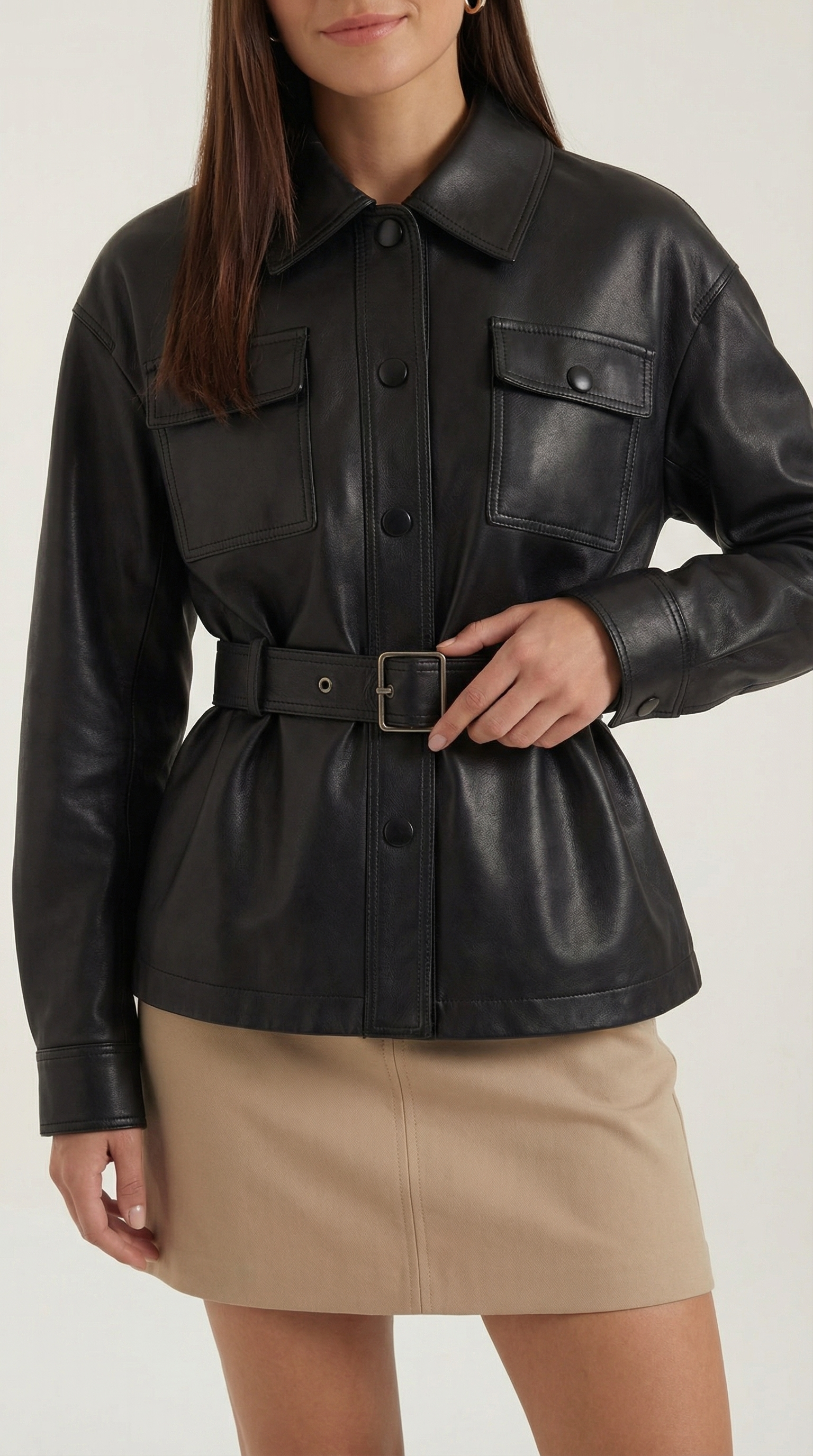 Giacca Donna in Pelle PU con Cintura Liscia Strutturata