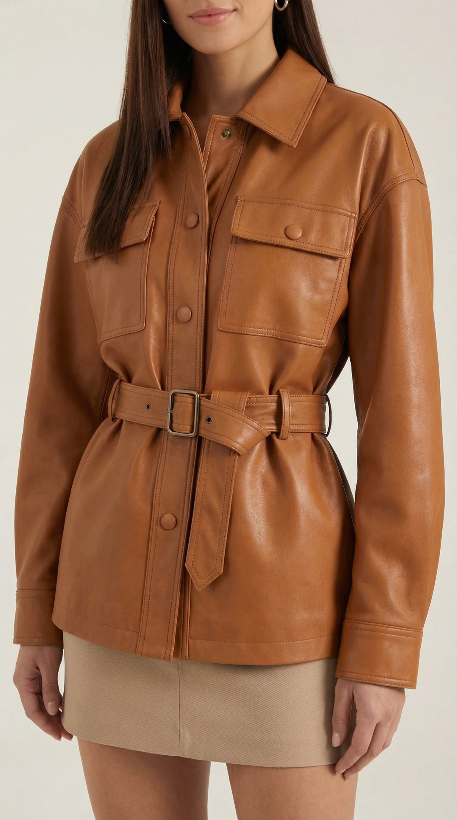 Giacca Donna in Pelle PU con Cintura Liscia Strutturata