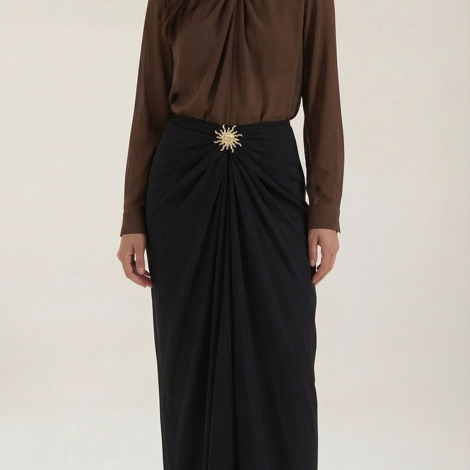Blusa Donna Collo Alto Annodato Tessuto Fluido Elegante