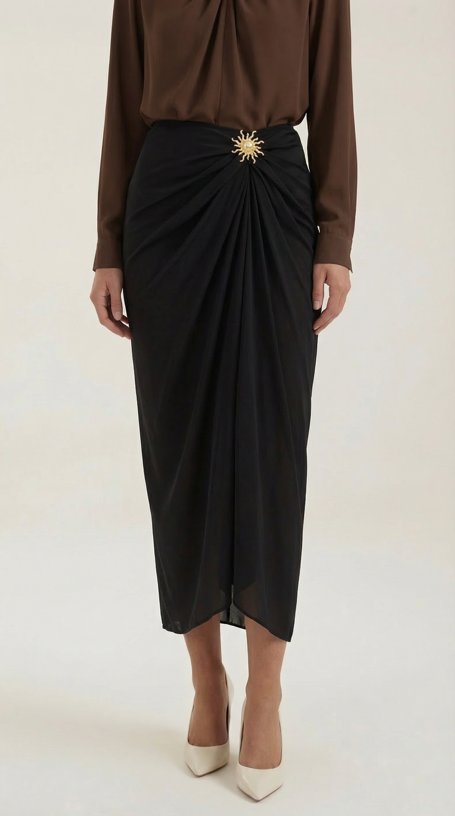Gonna Midi Donna Arricciata Drappeggio Dettaglio Dorato