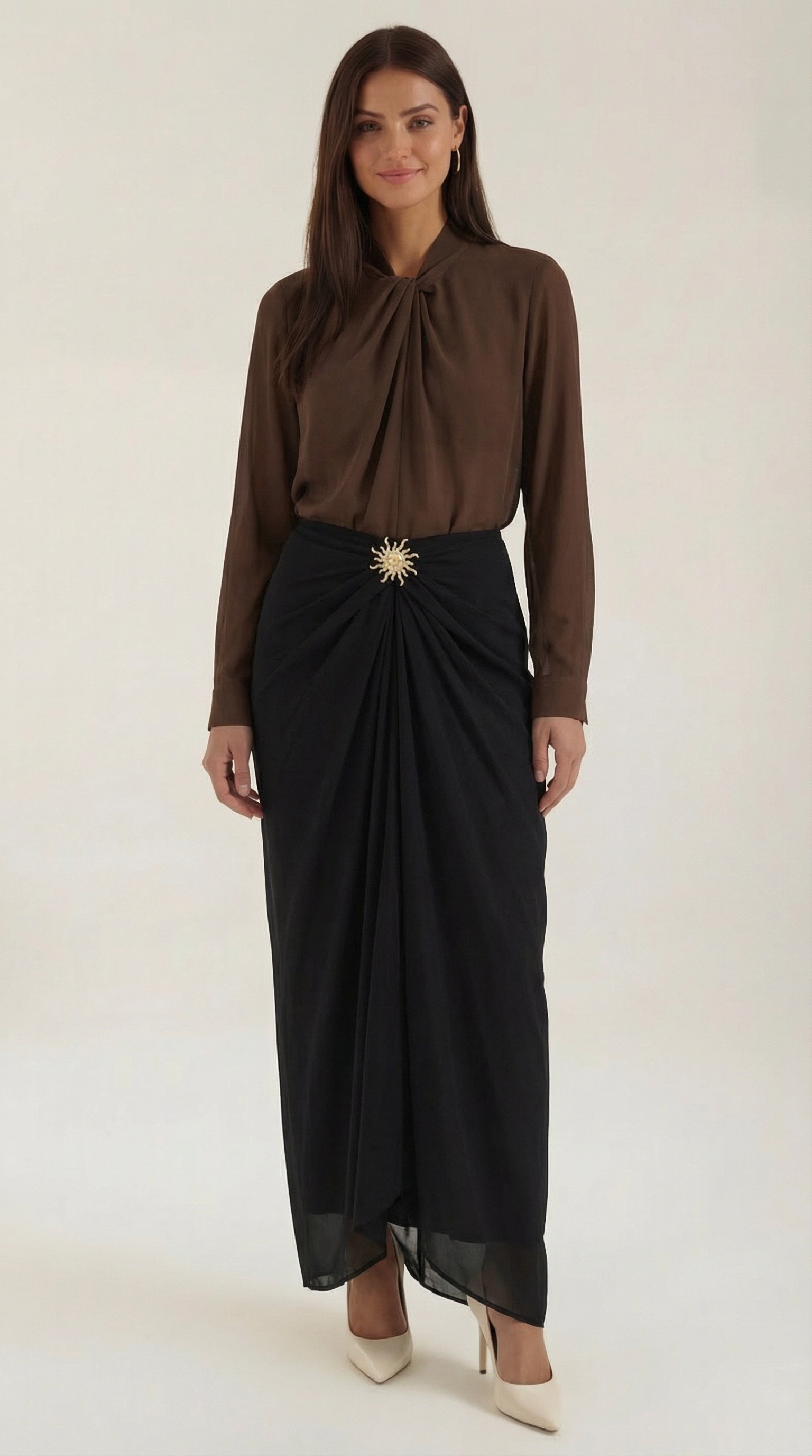 Gonna Midi Donna Arricciata Drappeggio Dettaglio Dorato