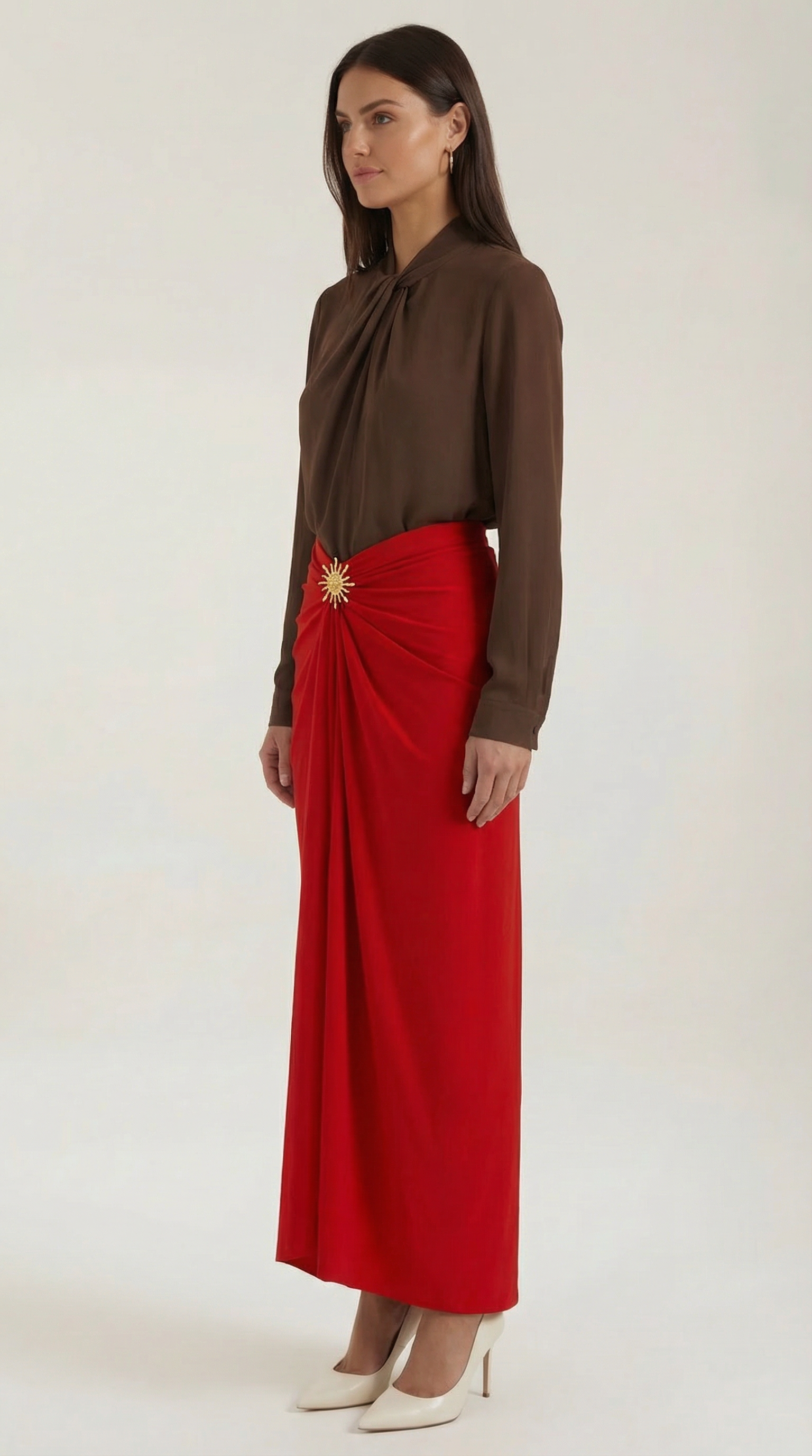 Gonna Midi Donna Arricciata Drappeggio Dettaglio Dorato