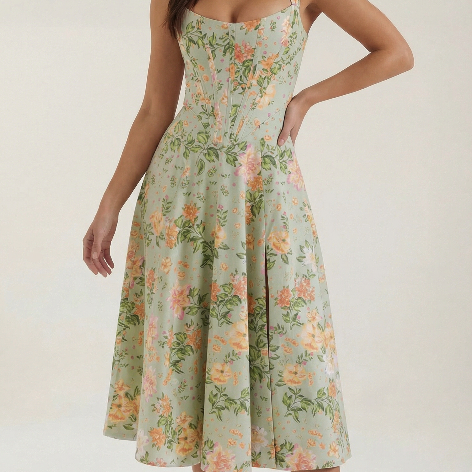 Abito Midi Donna Estivo Scollo a Cuore Bustier Cottage Core