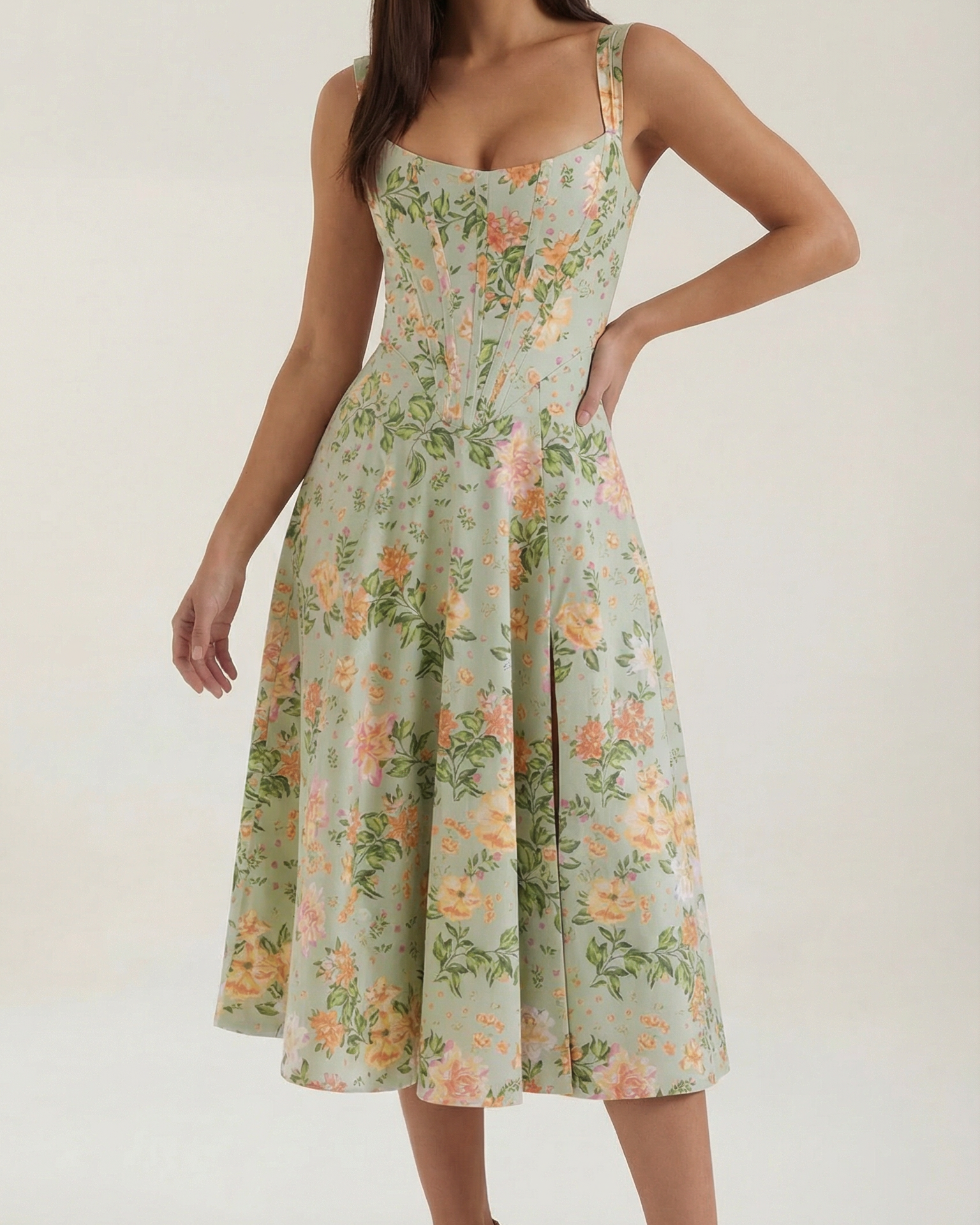 Abito Midi Donna Estivo Scollo a Cuore Bustier Cottage Core