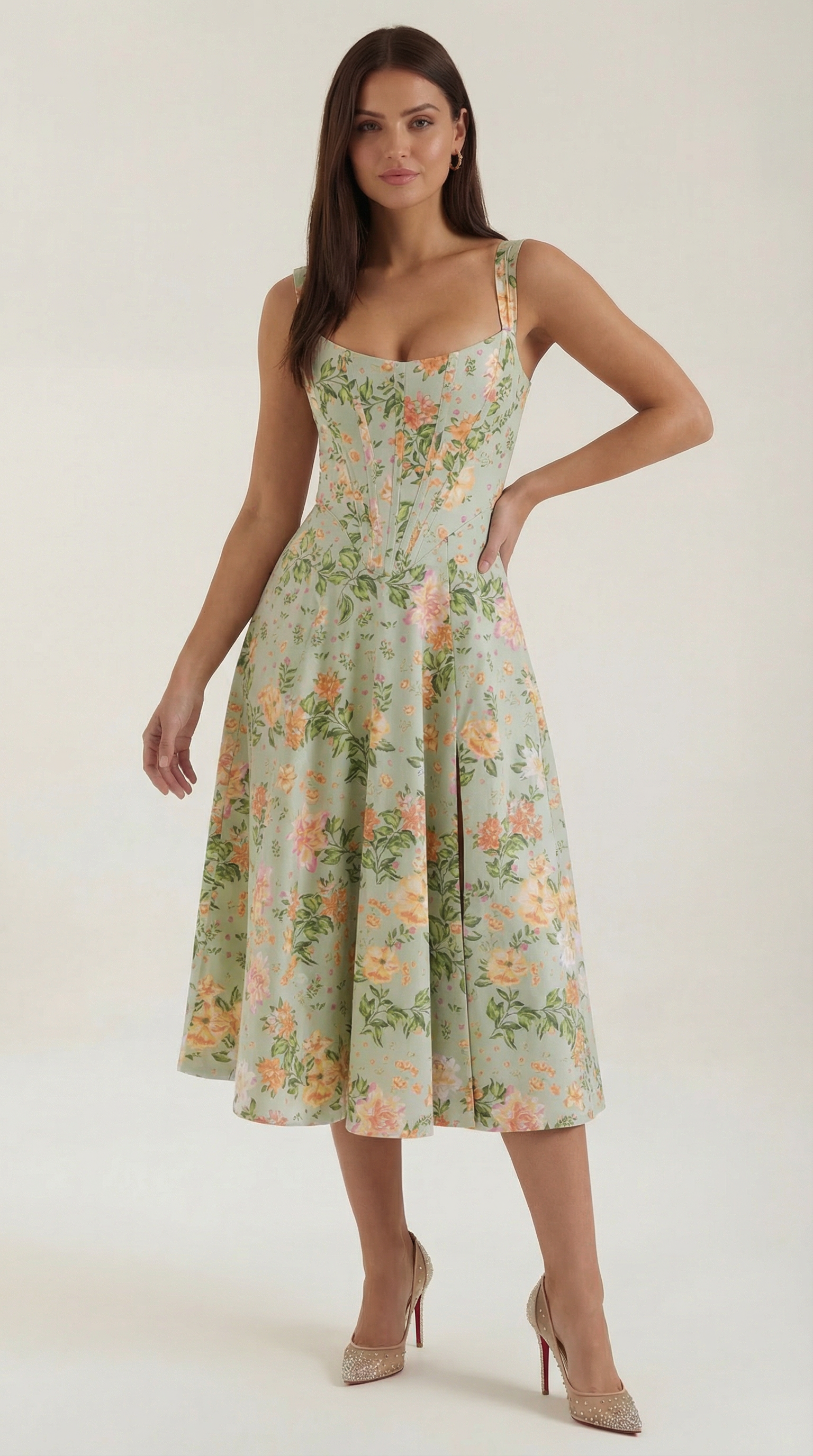 Abito Midi Donna Estivo Scollo a Cuore Bustier Cottage Core