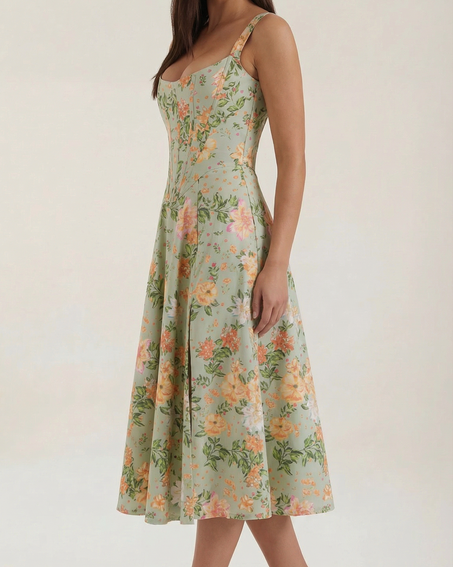 Abito Midi Donna Estivo Scollo a Cuore Bustier Cottage Core