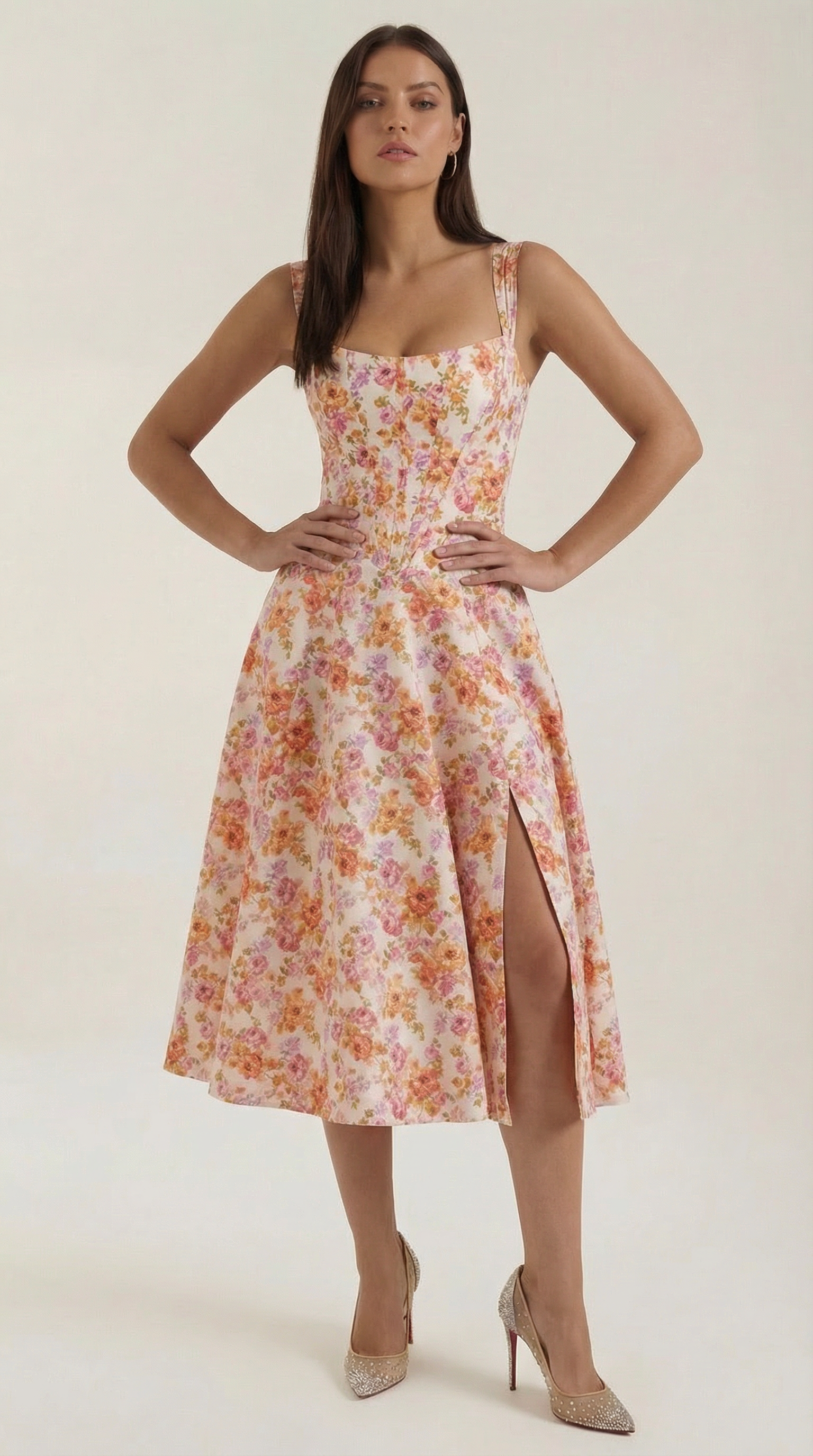 Abito Midi Donna Estivo Scollo a Cuore Bustier Cottage Core