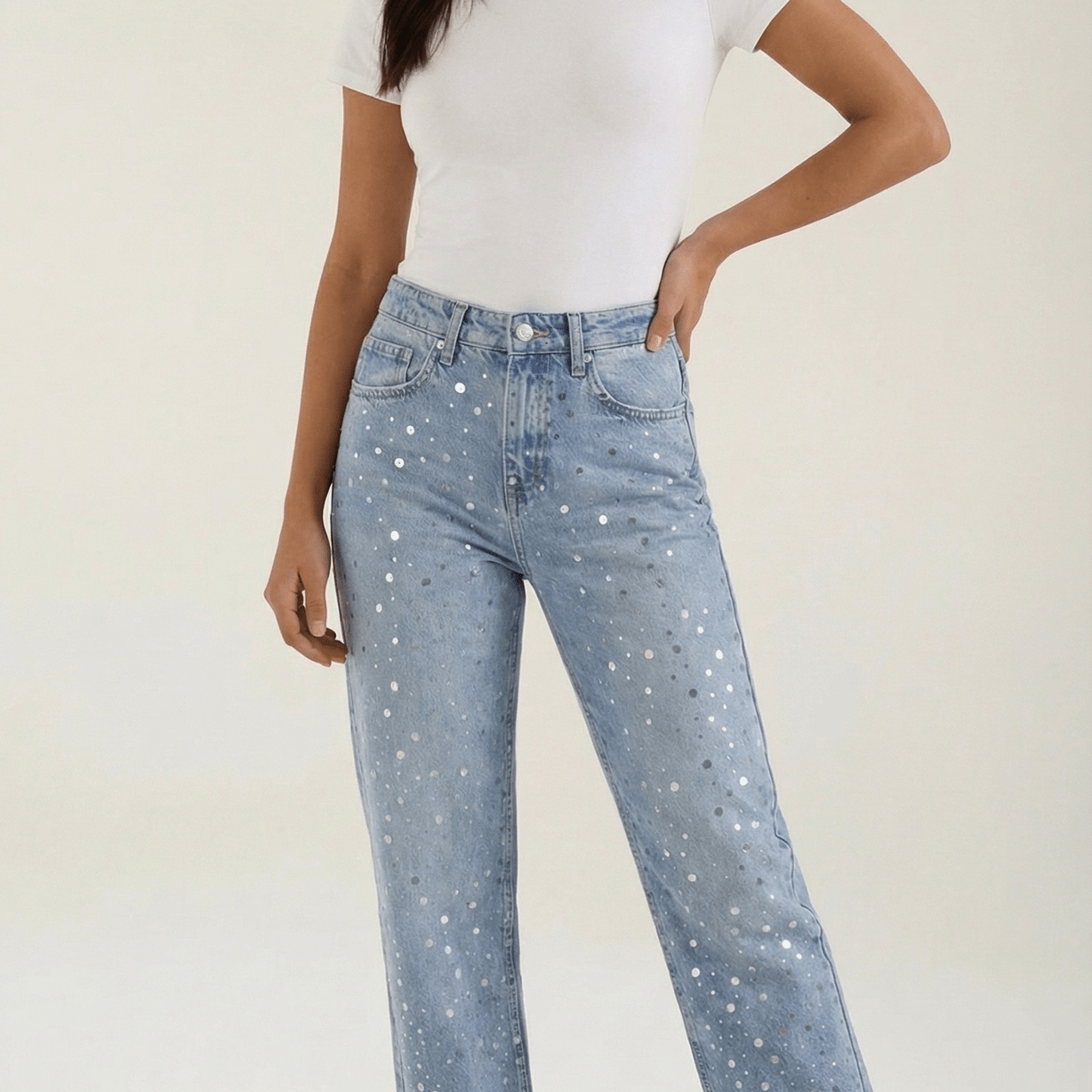 Aurazio Jeans Baggy da Donna con Punti Luccicanti