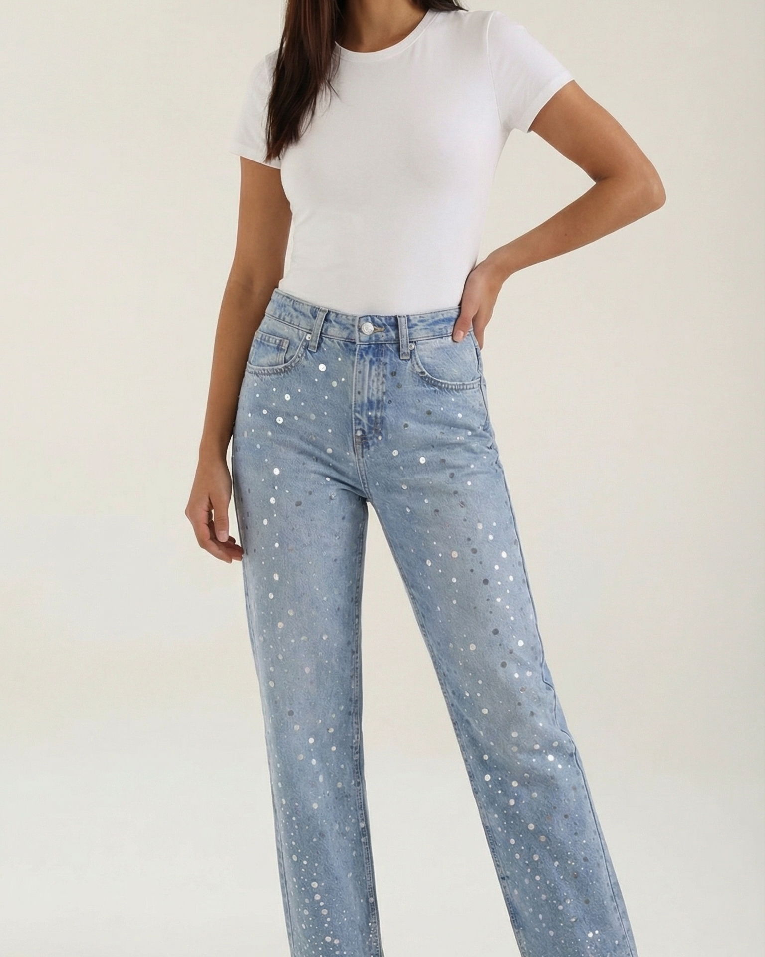Jeans Baggy Donna con Punti Luccicanti Denim Morbido