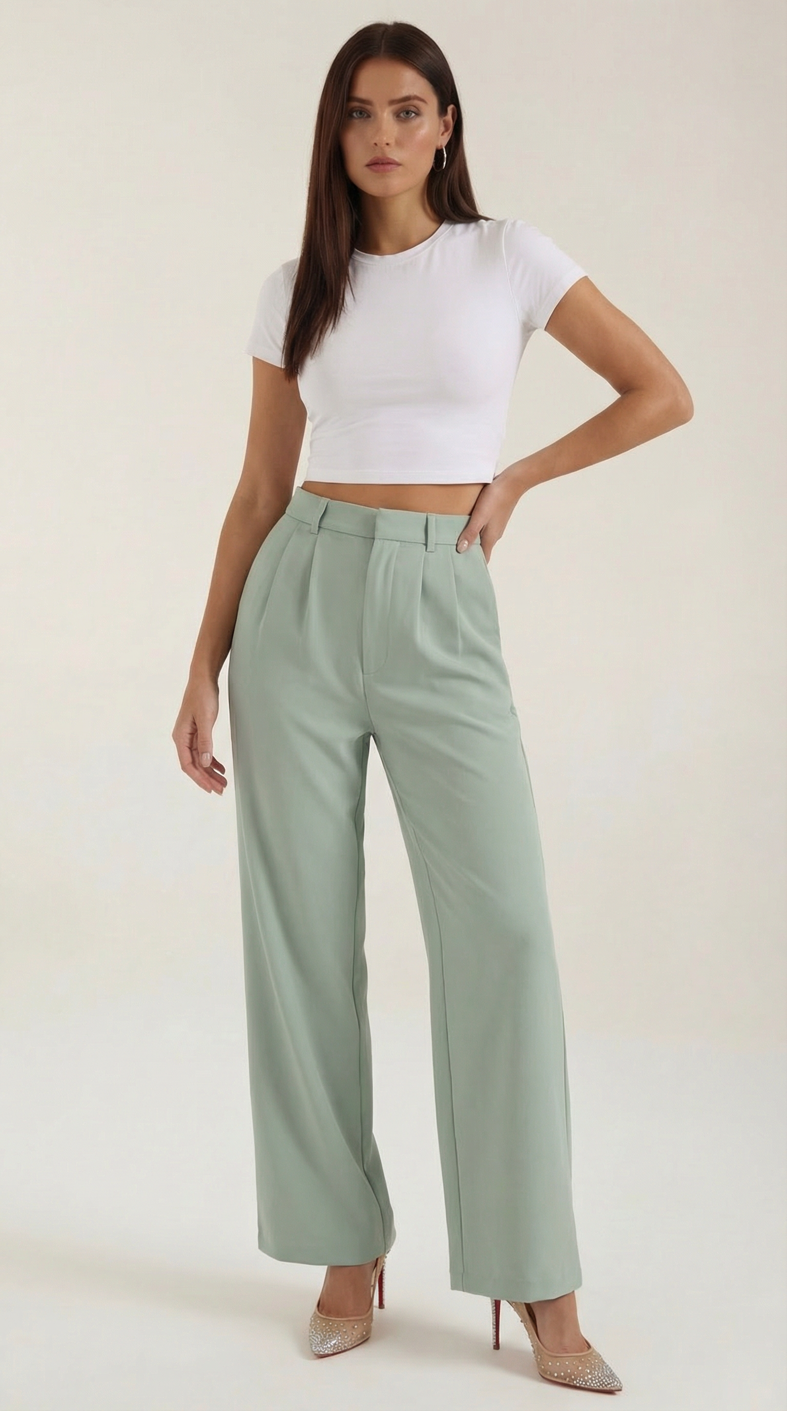 Pantaloni Donna a Gamba Larga Chino Vita Alta Pieghe