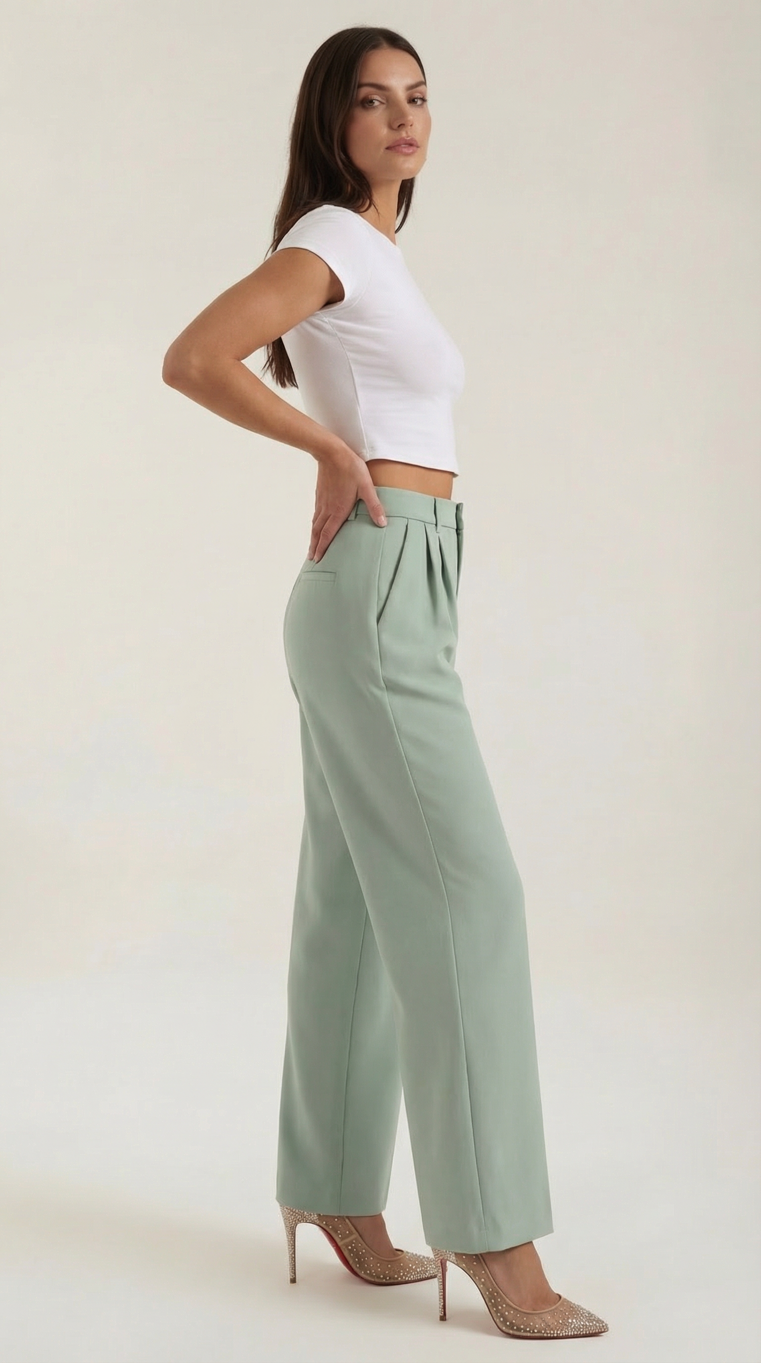 Pantaloni Donna a Gamba Larga Chino Vita Alta Pieghe
