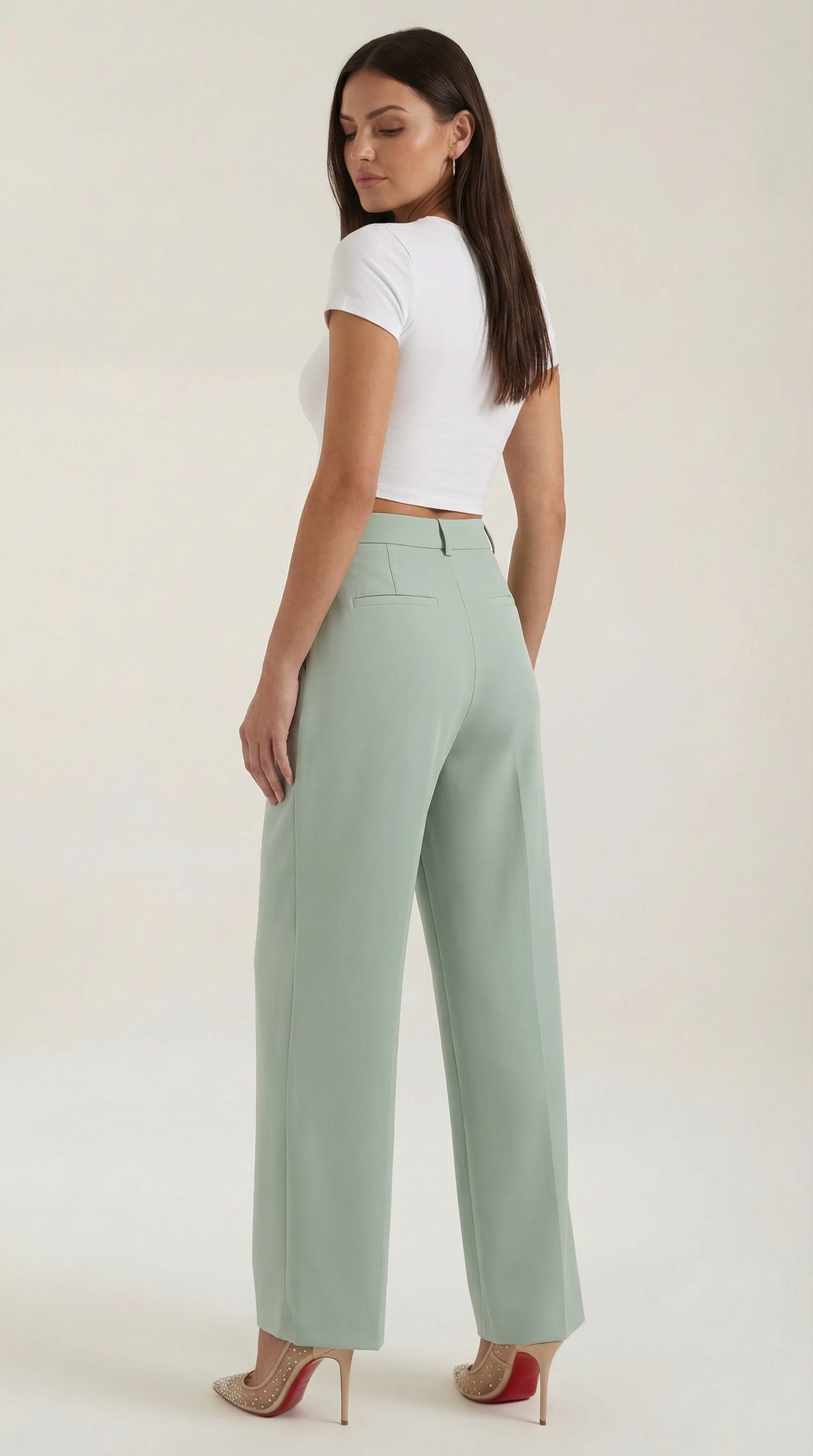 Pantaloni Donna a Gamba Larga Chino Vita Alta Pieghe