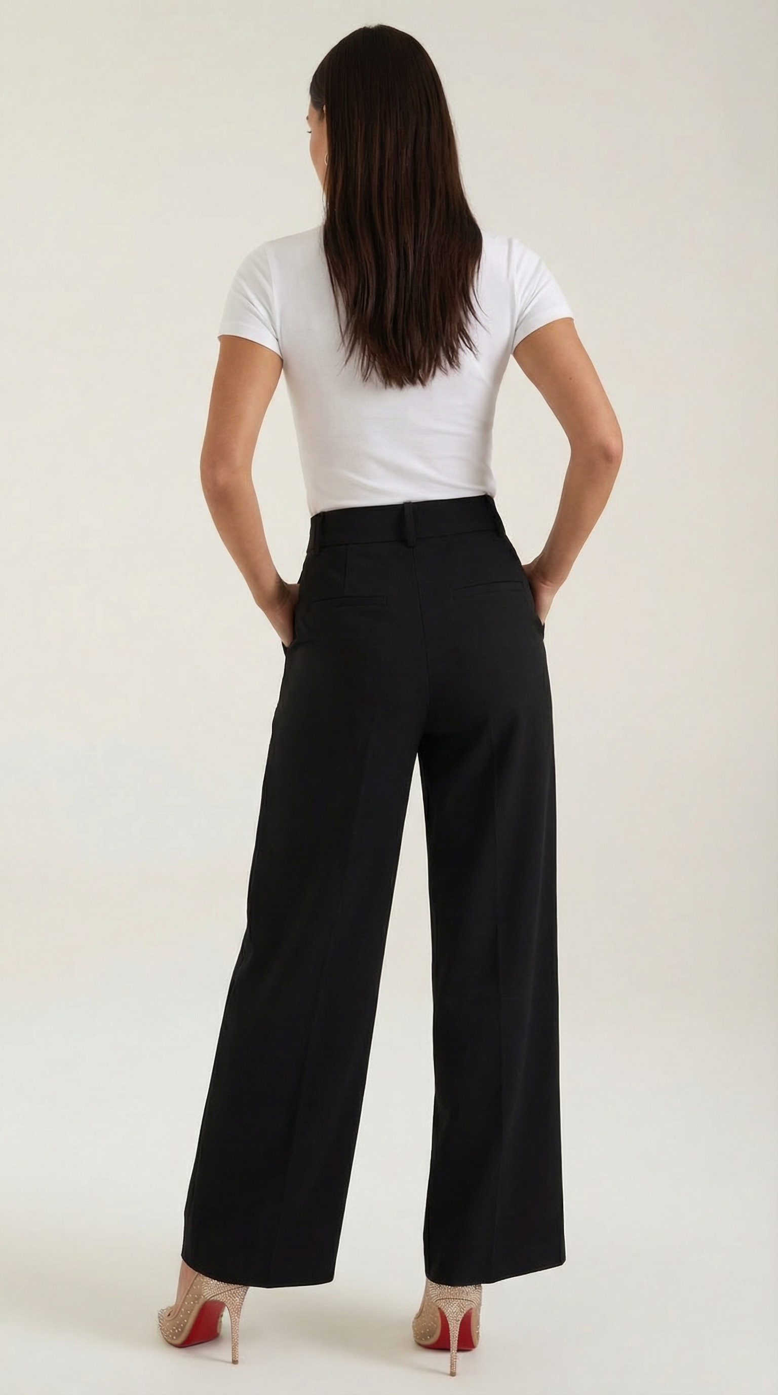 Pantaloni Donna a Gamba Larga Chino Vita Alta Pieghe