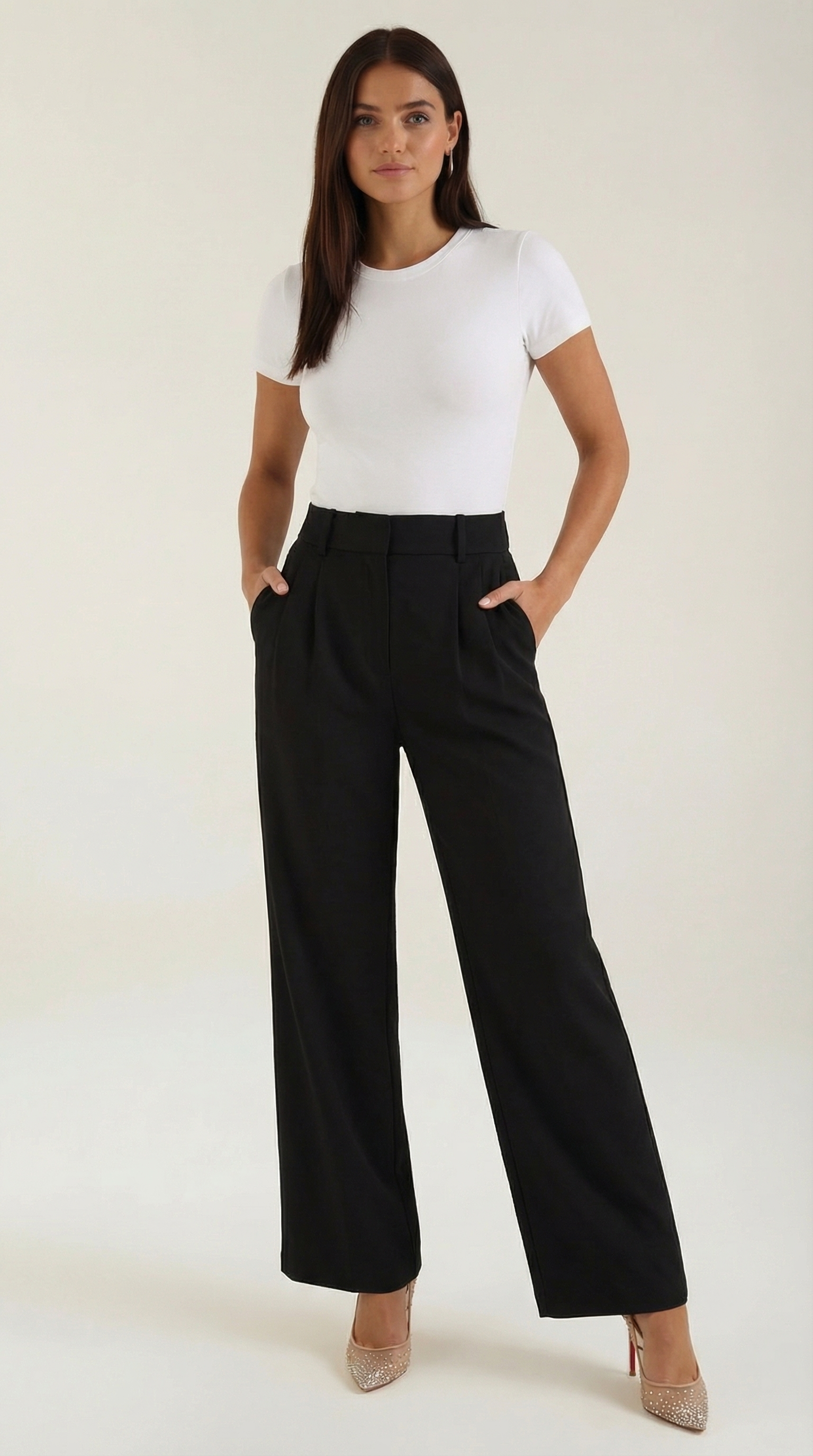 Pantaloni Donna a Gamba Larga Chino Vita Alta Pieghe