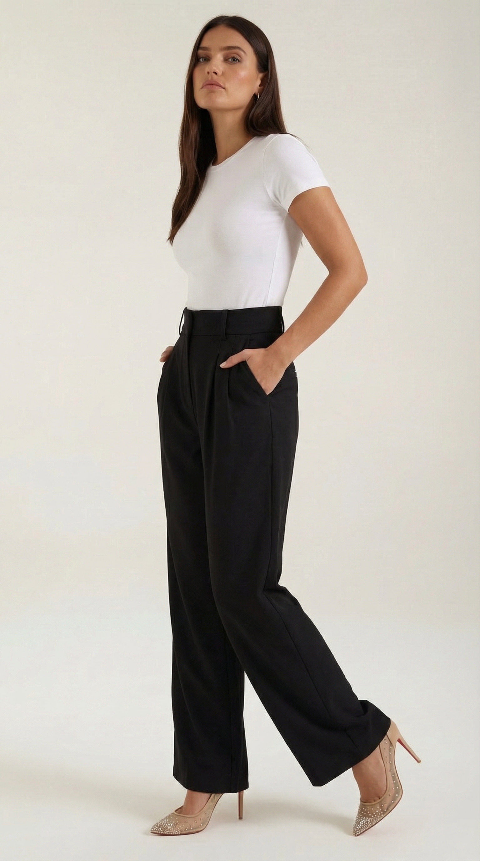 Pantaloni Donna a Gamba Larga Chino Vita Alta Pieghe