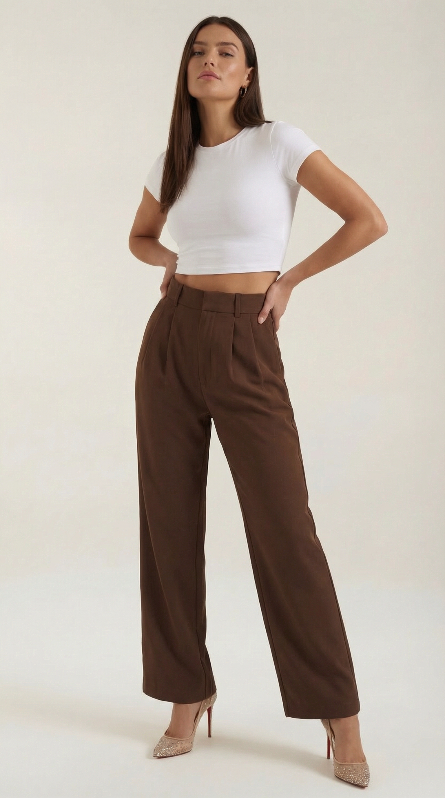 Pantaloni Donna a Gamba Larga Chino Vita Alta Pieghe