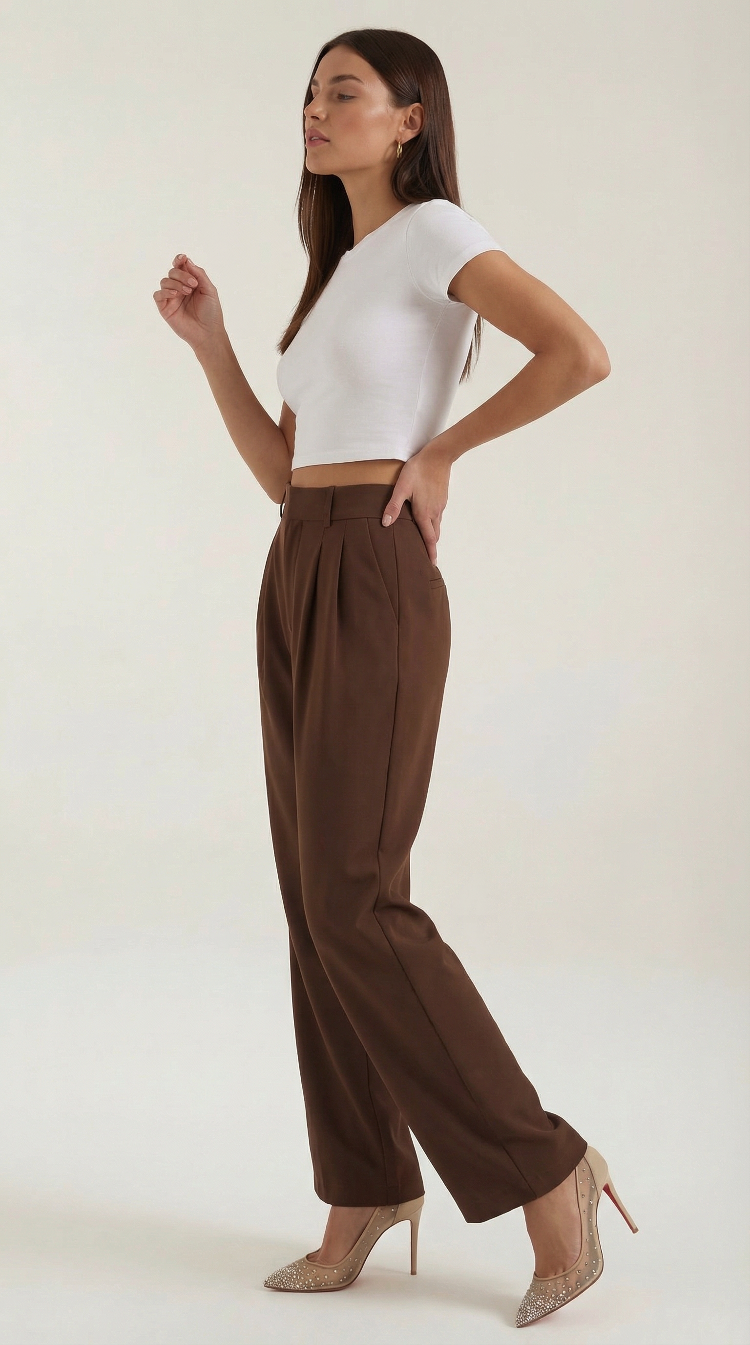 Pantaloni Donna a Gamba Larga Chino Vita Alta Pieghe