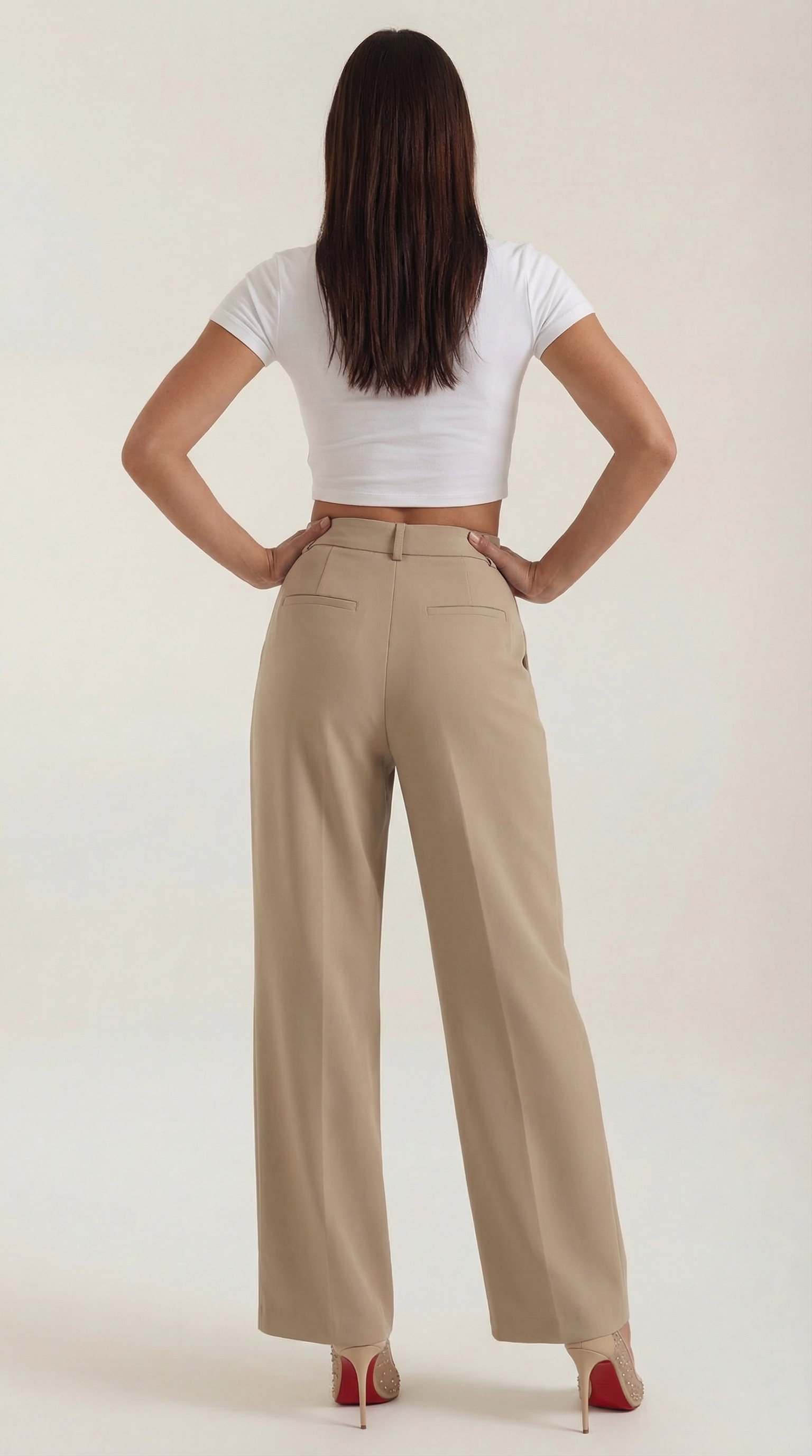 Pantaloni Donna a Gamba Larga Chino Vita Alta Pieghe