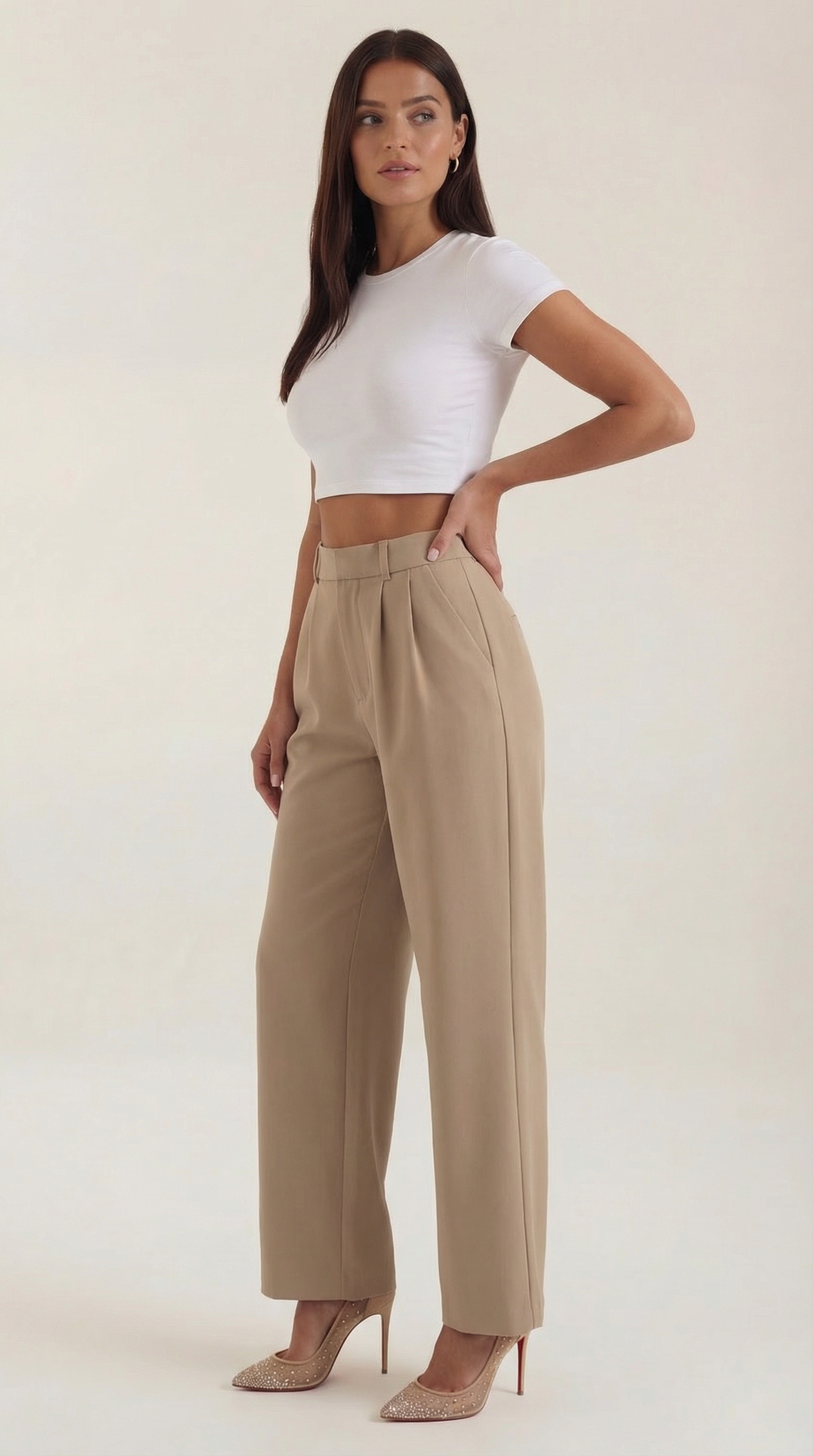Pantaloni Donna a Gamba Larga Chino Vita Alta Pieghe