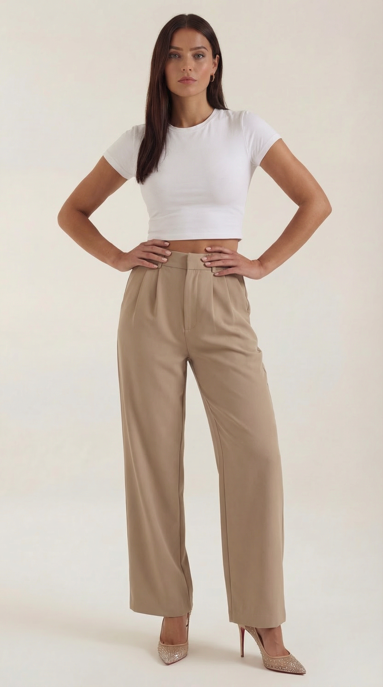 Pantaloni Donna a Gamba Larga Chino Vita Alta Pieghe