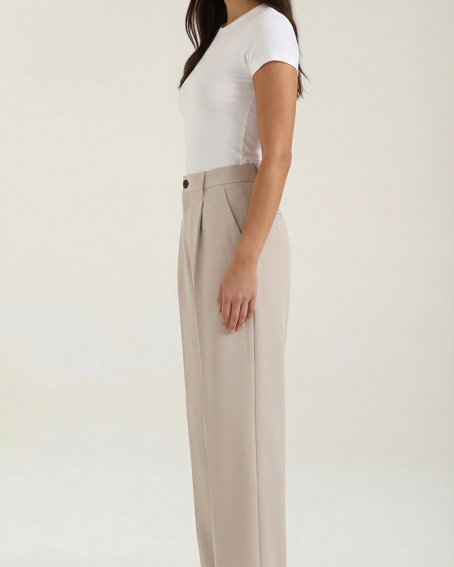 Pantaloni Donna a Gamba Larga Chino Vita Alta Pieghe