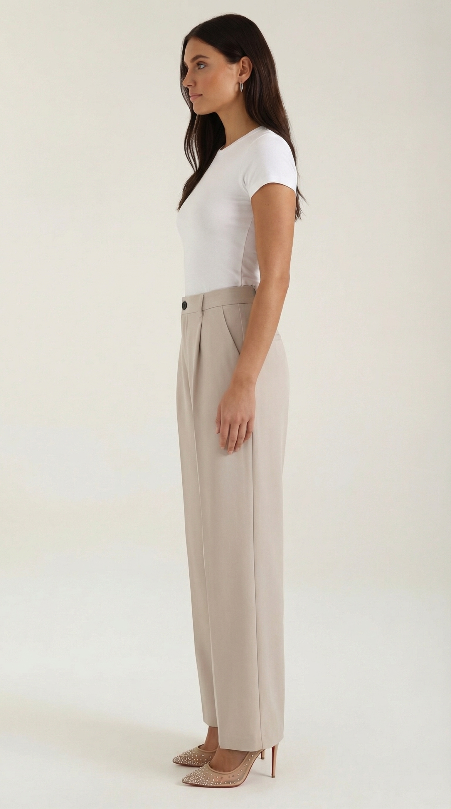 Pantaloni Donna a Gamba Larga Chino Vita Alta Pieghe