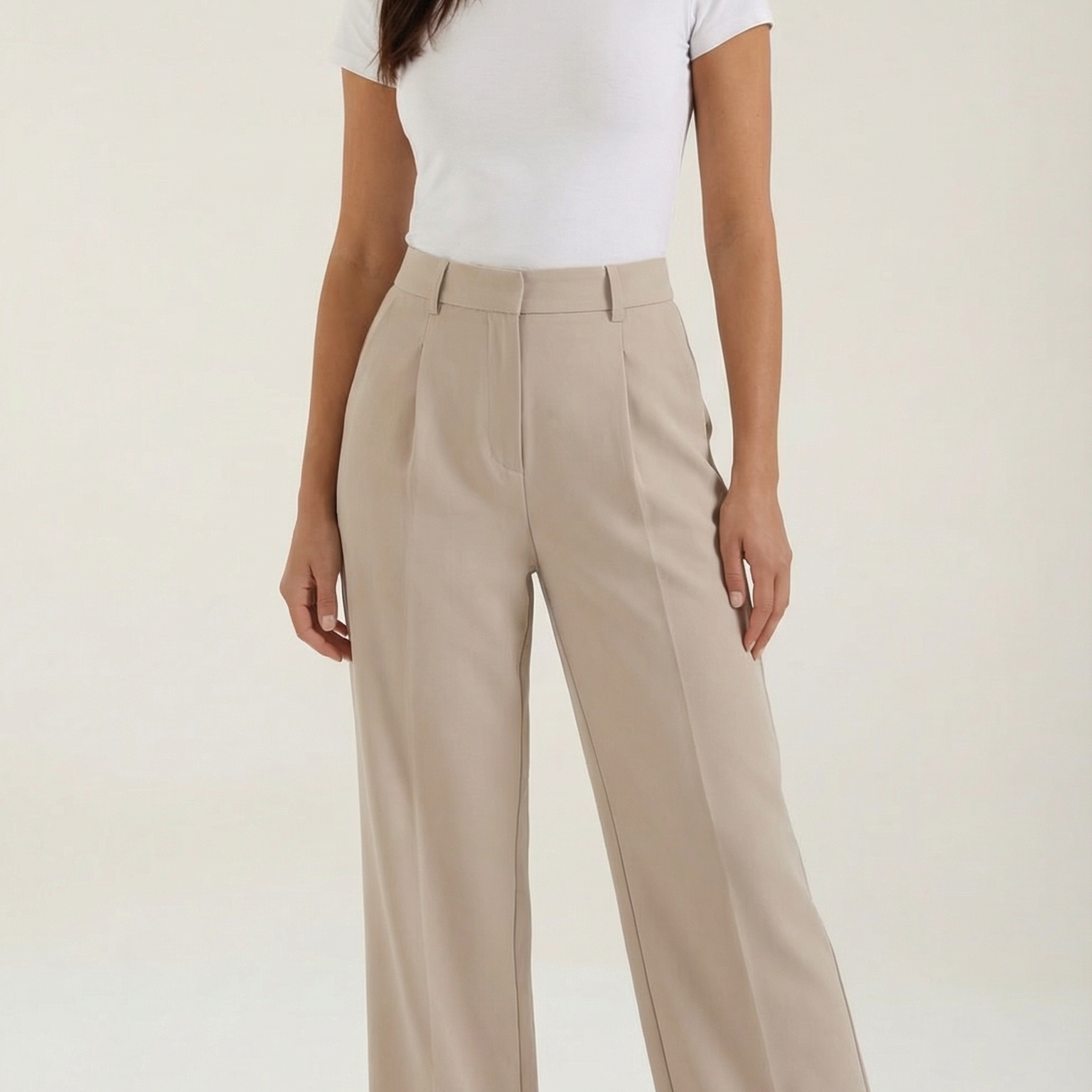 Pantaloni Donna a Gamba Larga Chino Vita Alta Pieghe
