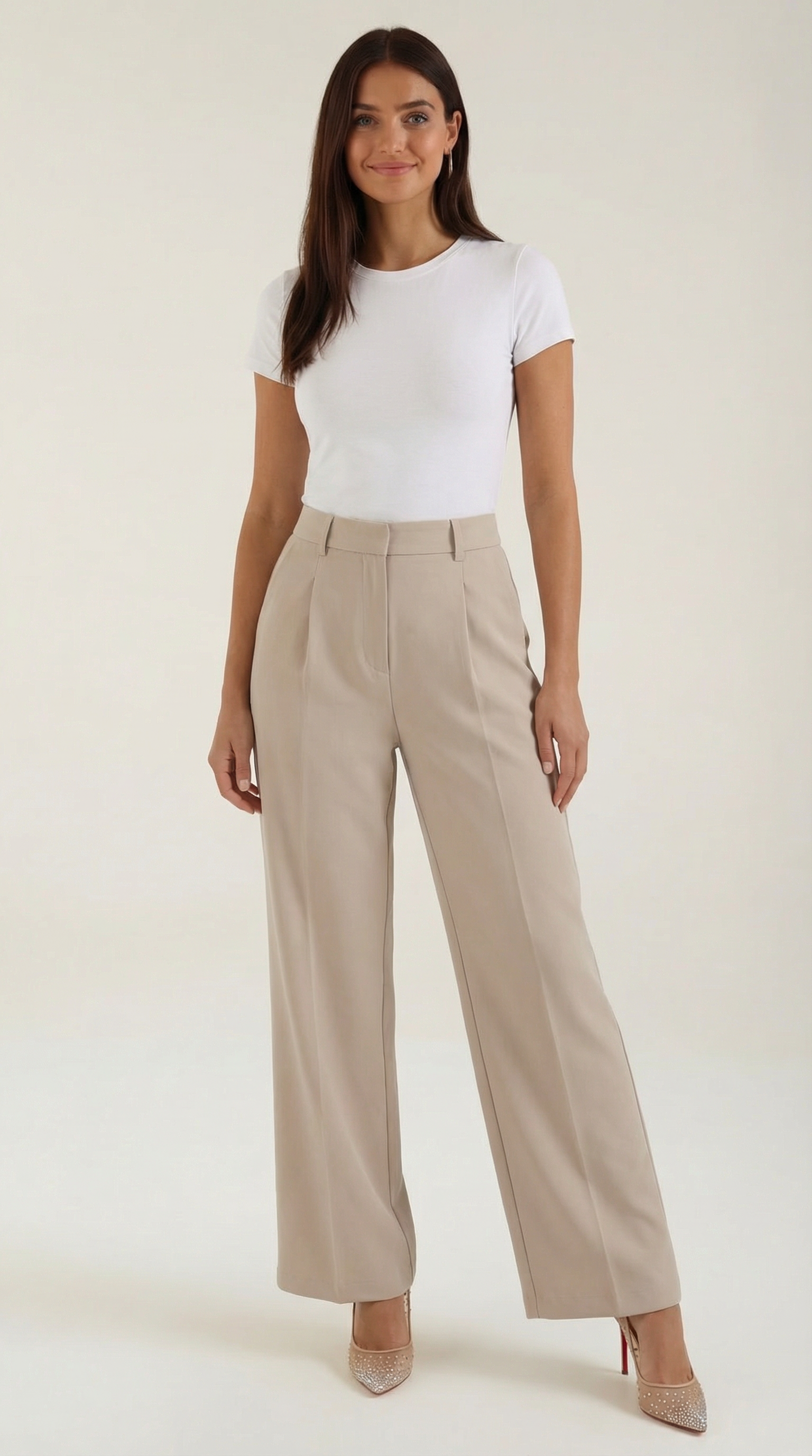Pantaloni Donna a Gamba Larga Chino Vita Alta Pieghe