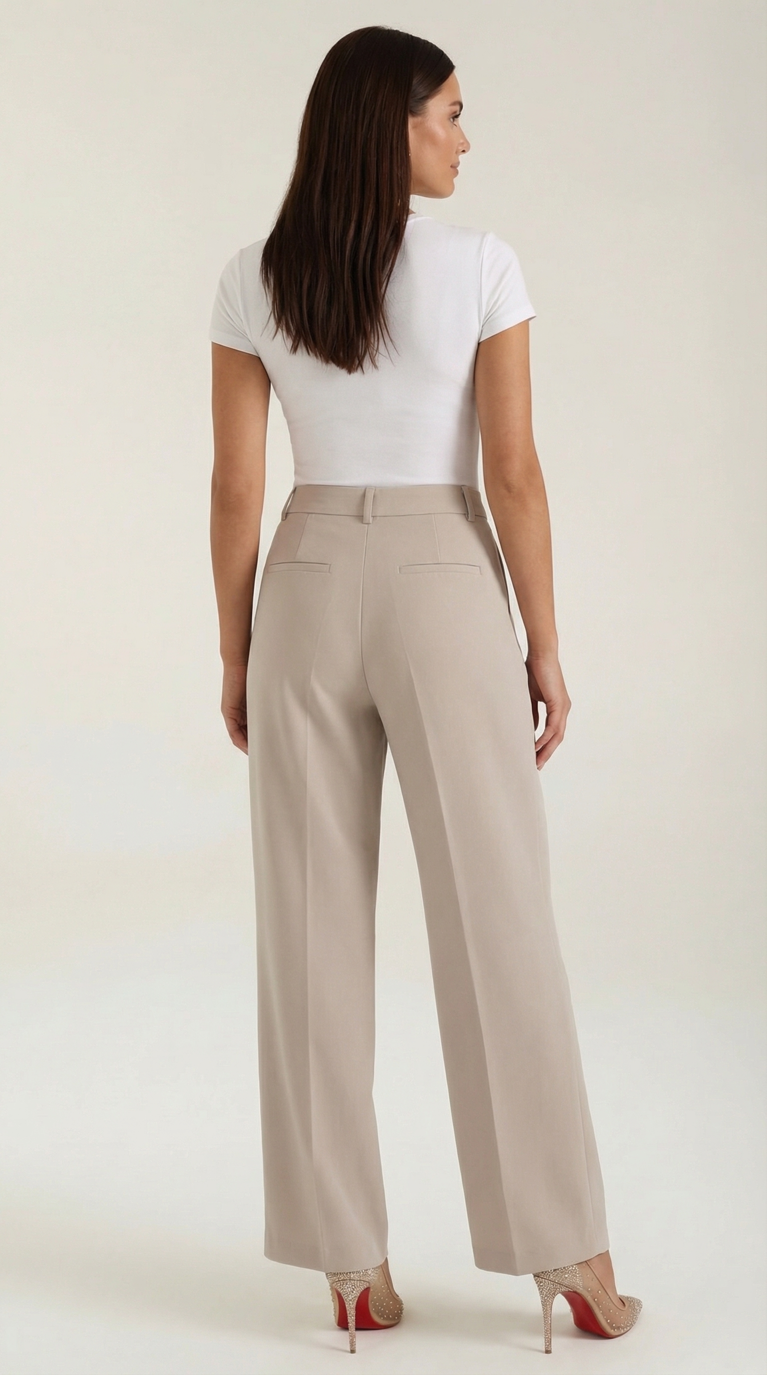 Pantaloni Donna a Gamba Larga Chino Vita Alta Pieghe
