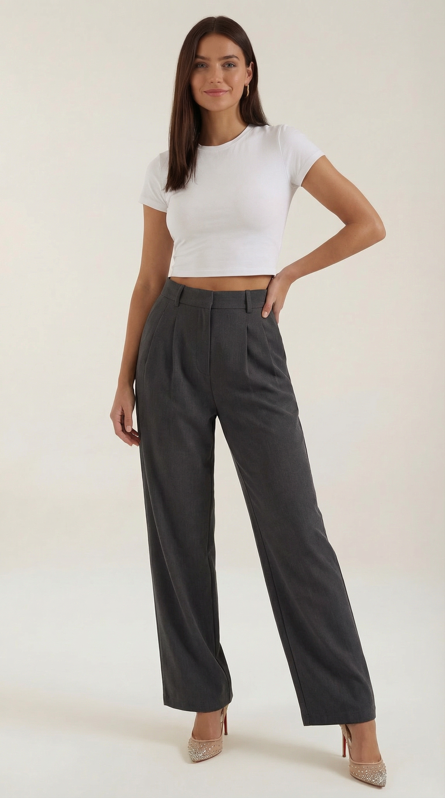 Pantaloni Donna a Gamba Larga Chino Vita Alta Pieghe