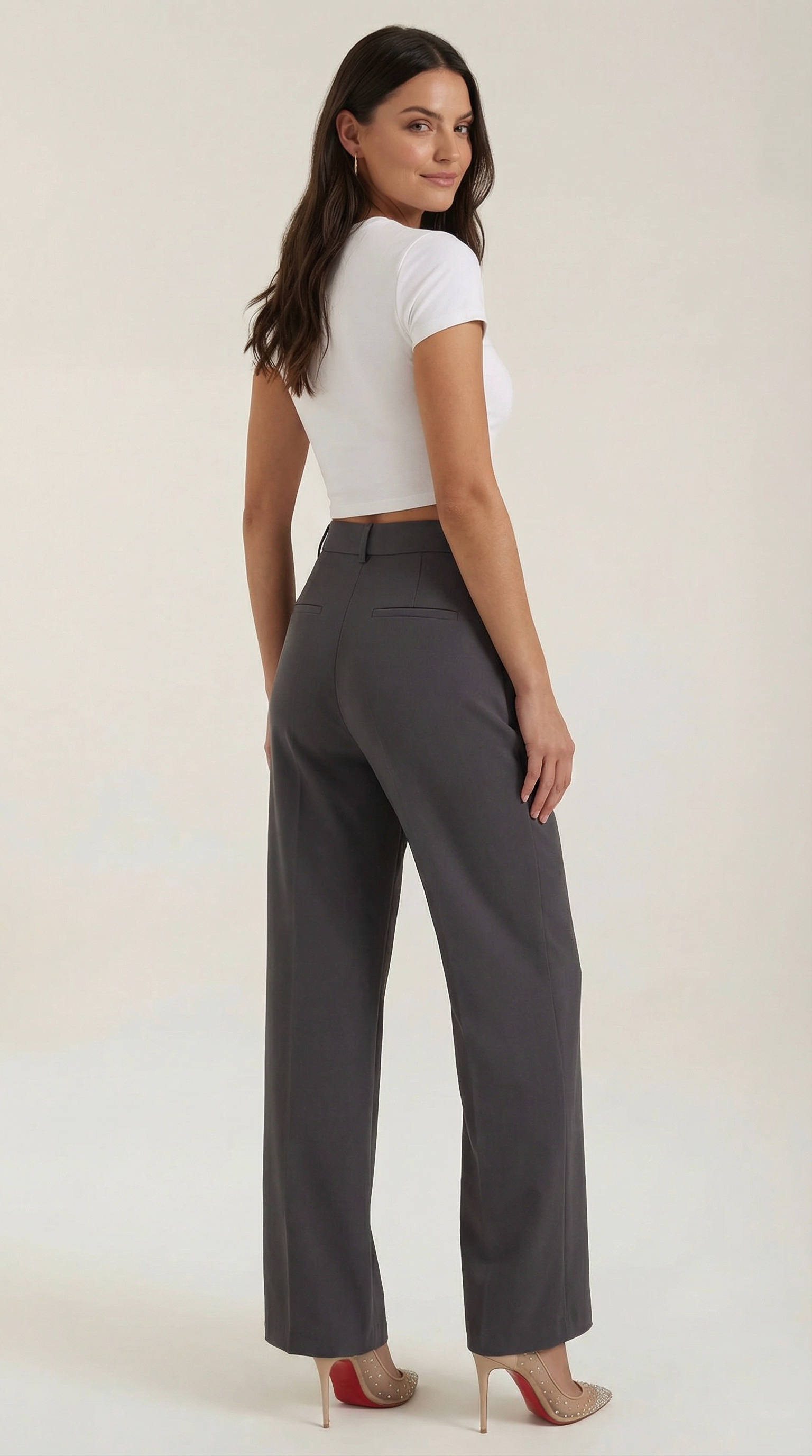 Pantaloni Donna a Gamba Larga Chino Vita Alta Pieghe