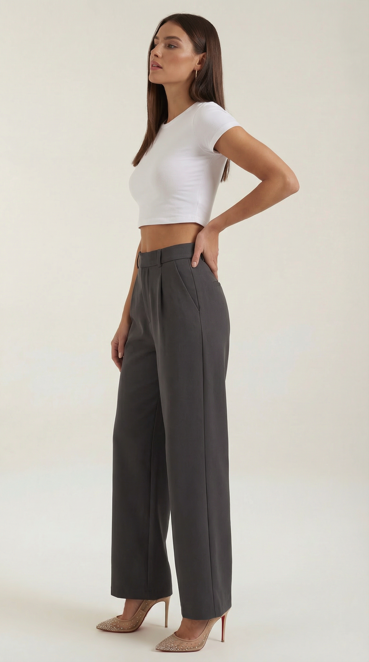 Pantaloni Donna a Gamba Larga Chino Vita Alta Pieghe