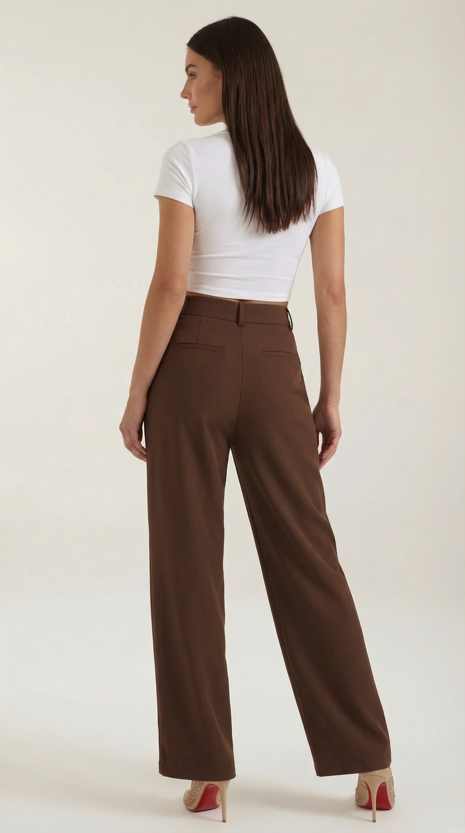 Pantaloni Donna a Gamba Larga Chino Vita Alta Pieghe