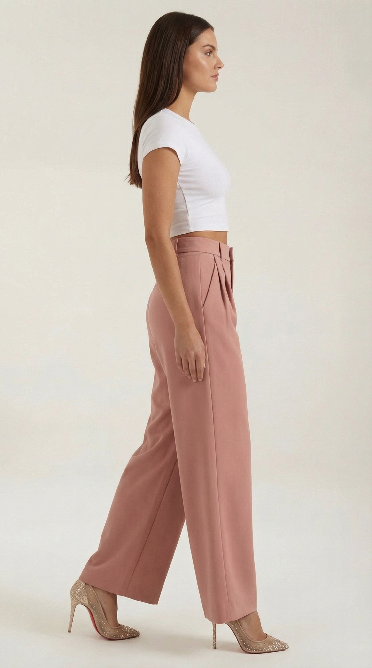 Pantaloni Donna a Gamba Larga Chino Vita Alta Pieghe