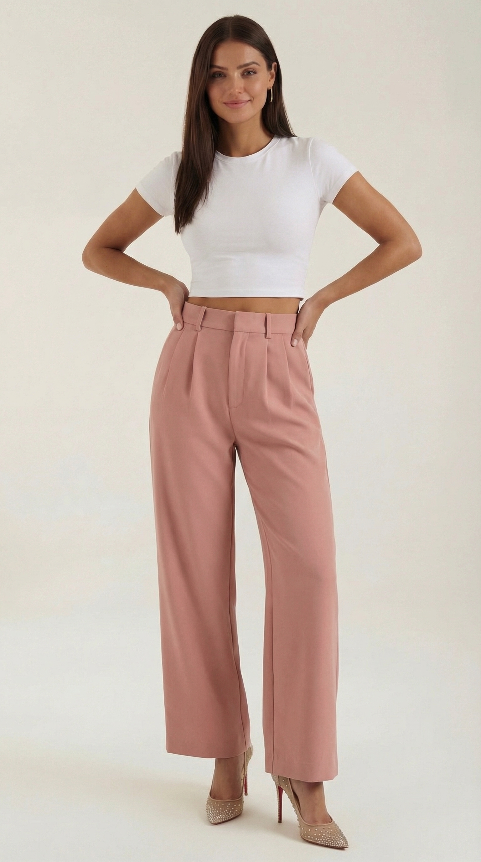 Pantaloni Donna a Gamba Larga Chino Vita Alta Pieghe