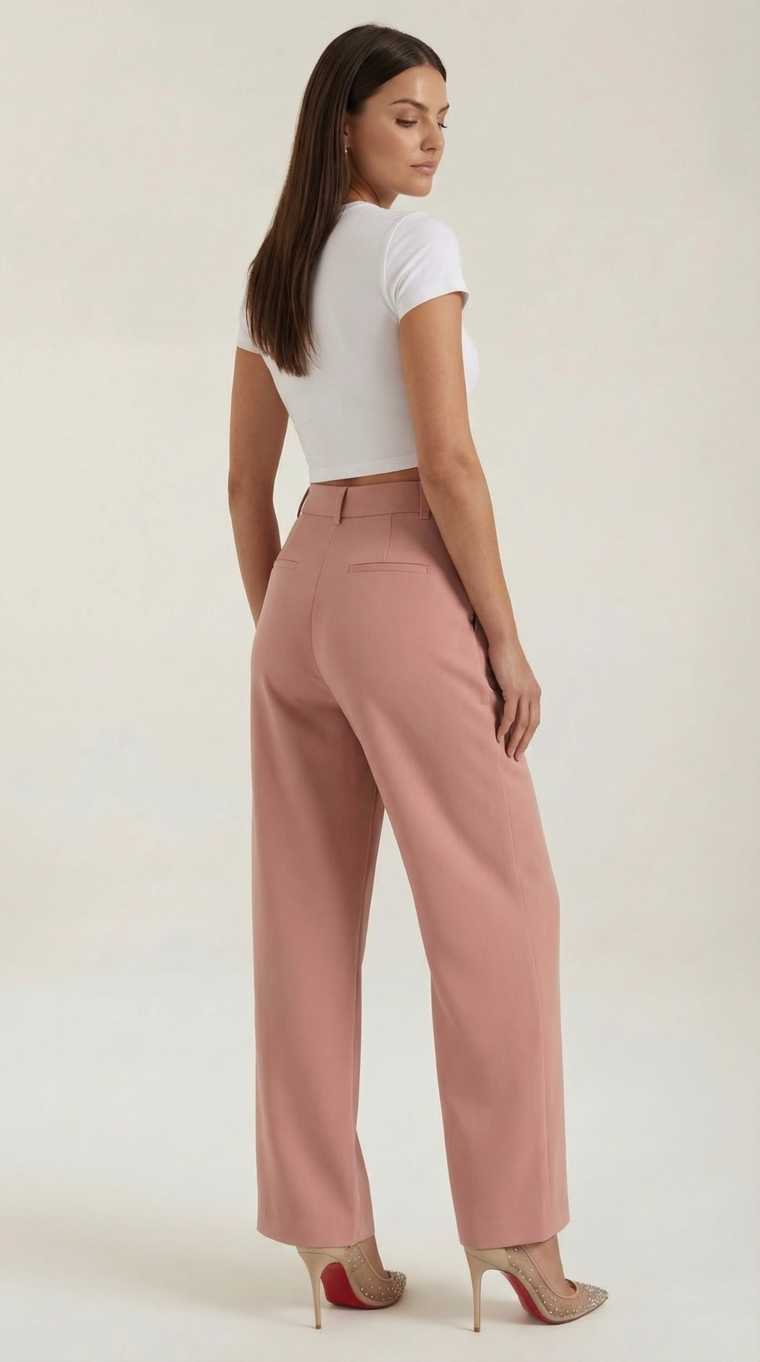 Pantaloni Donna a Gamba Larga Chino Vita Alta Pieghe