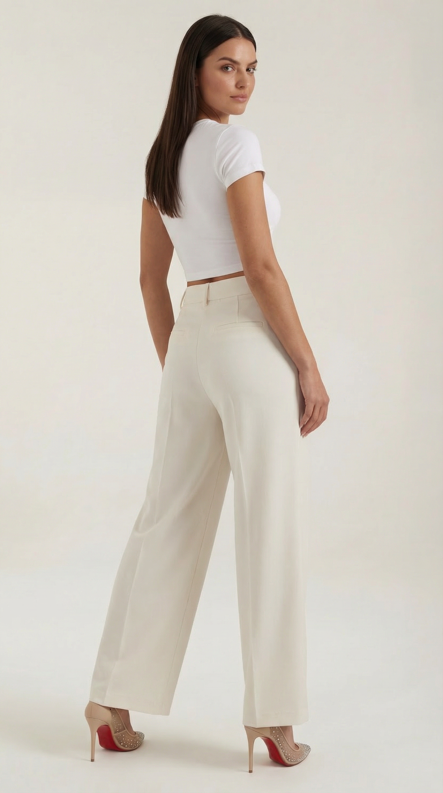 Pantaloni Donna a Gamba Larga Chino Vita Alta Pieghe