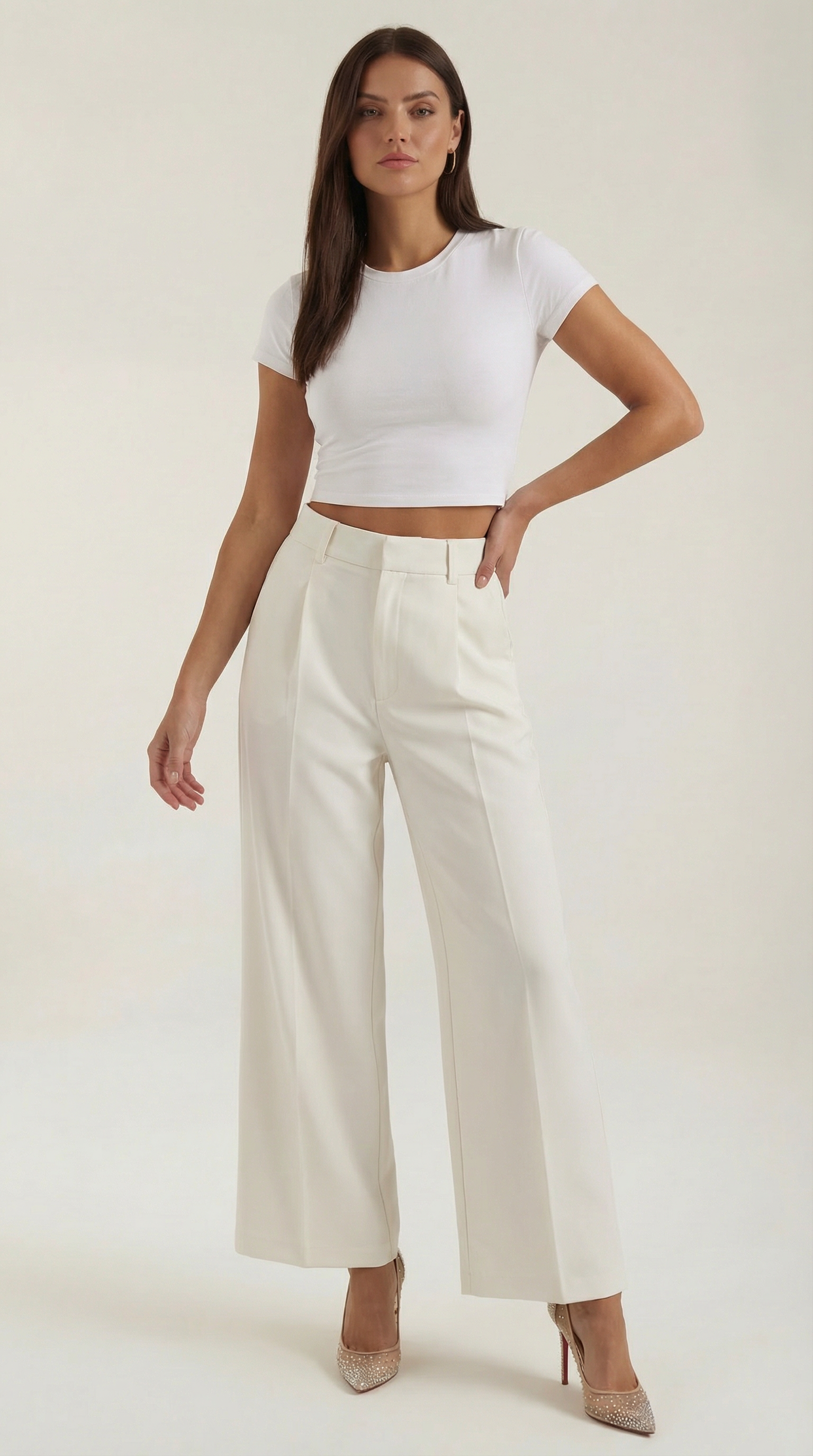 Pantaloni Donna a Gamba Larga Chino Vita Alta Pieghe