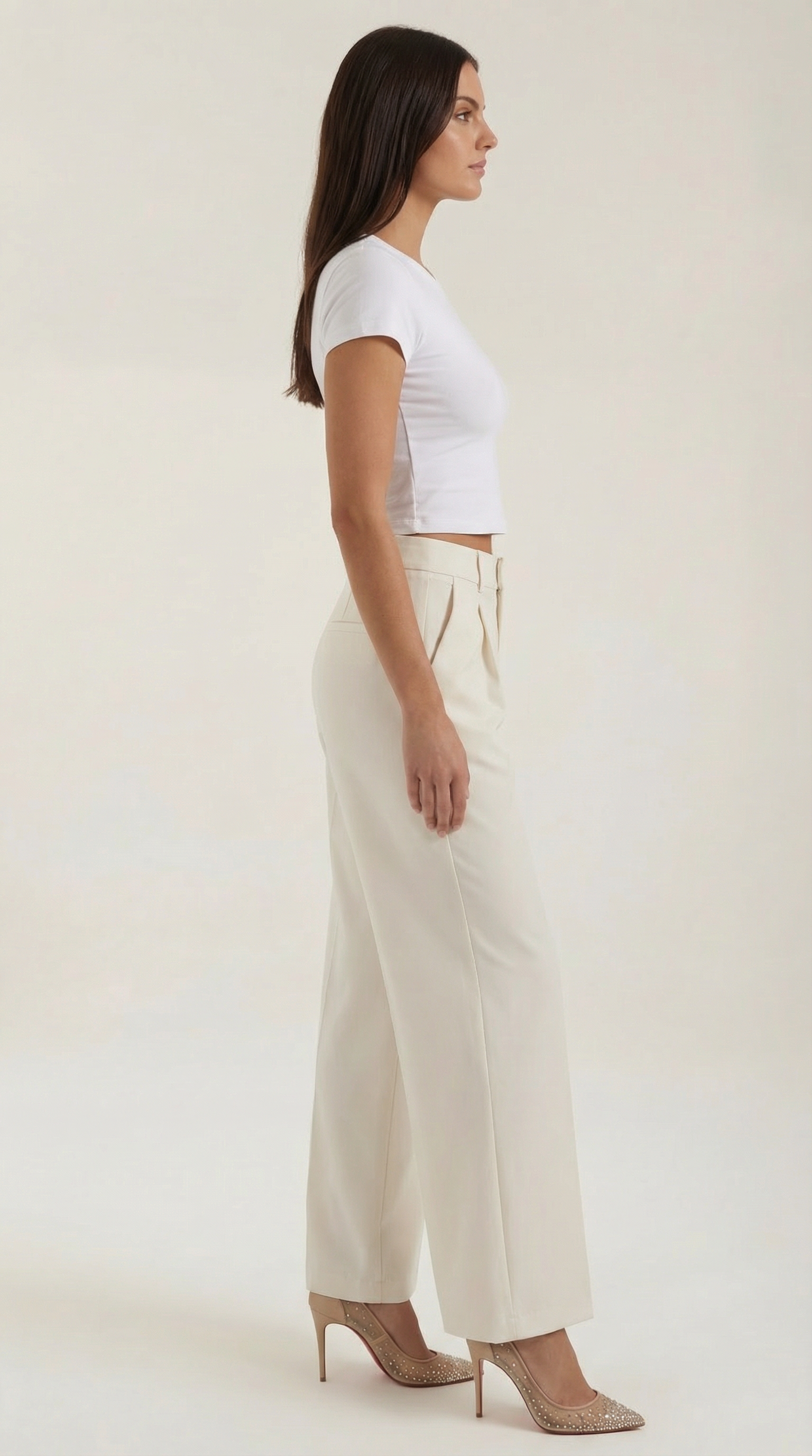Pantaloni Donna a Gamba Larga Chino Vita Alta Pieghe