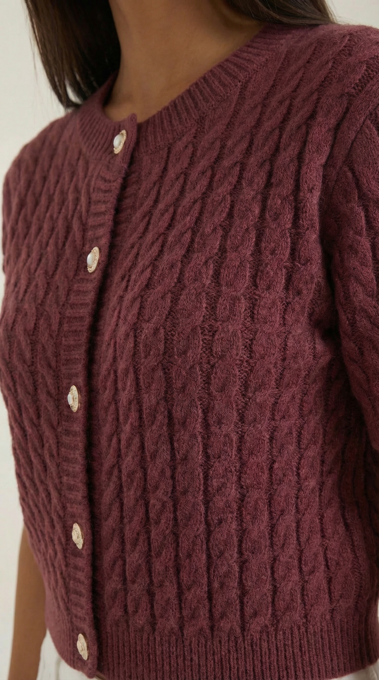 Cardigan Corto Donna in Maglia a Cable Texture Vintage