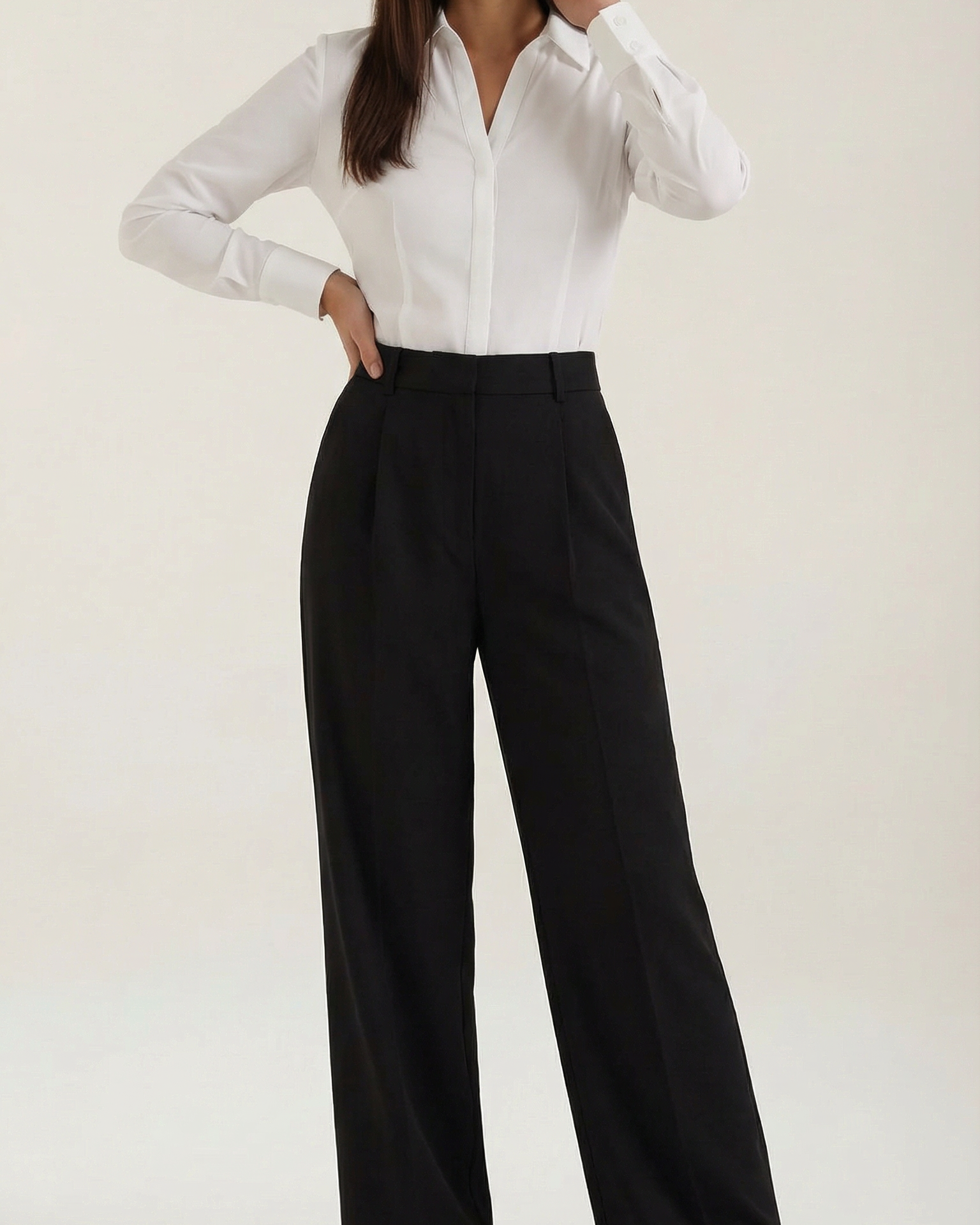Pantaloni Donna a Gamba Larga Vita Alta Pieghe Sartoriali