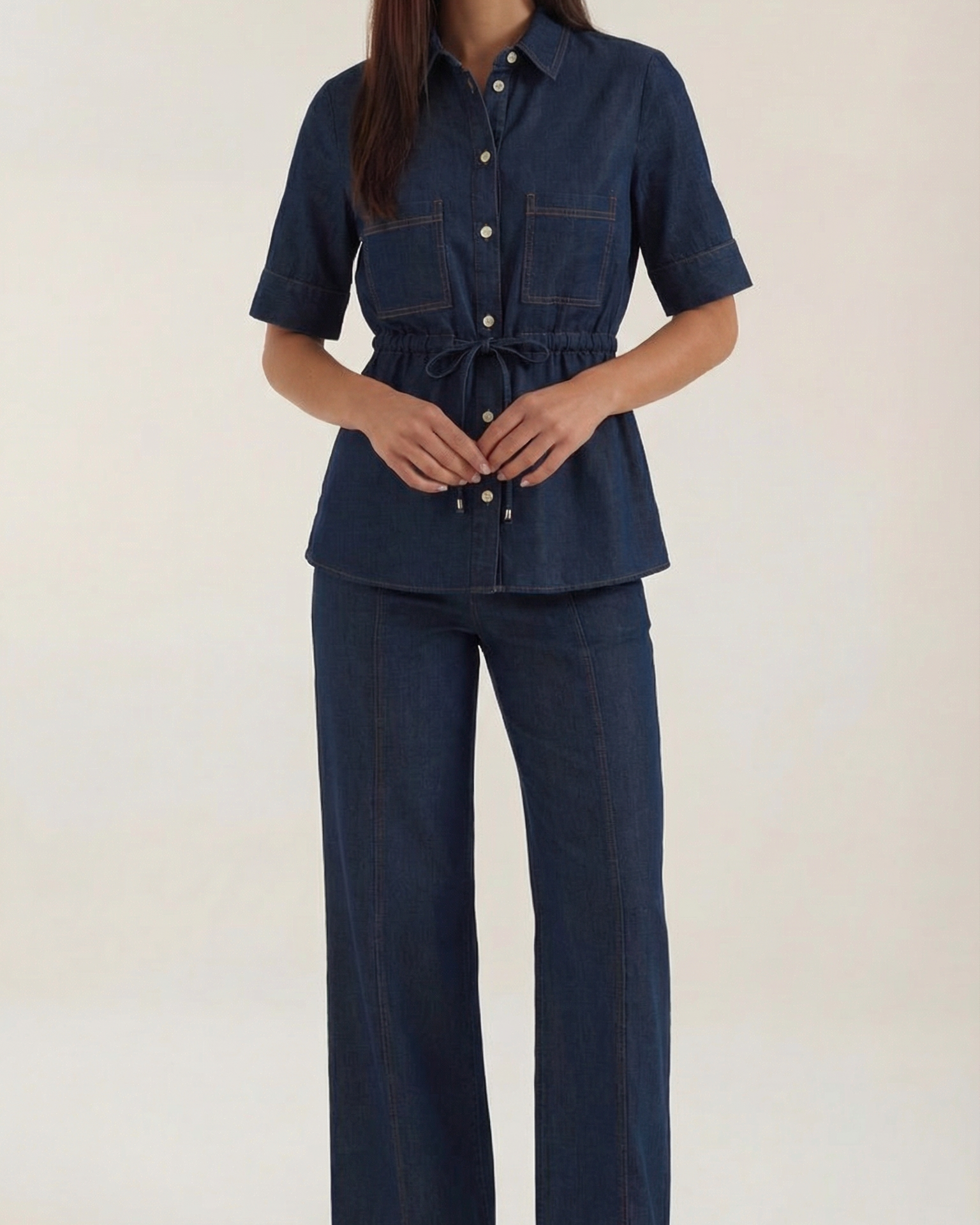 Pantaloni Donna in Denim a Gamba Larga Vita Alta Regolabile