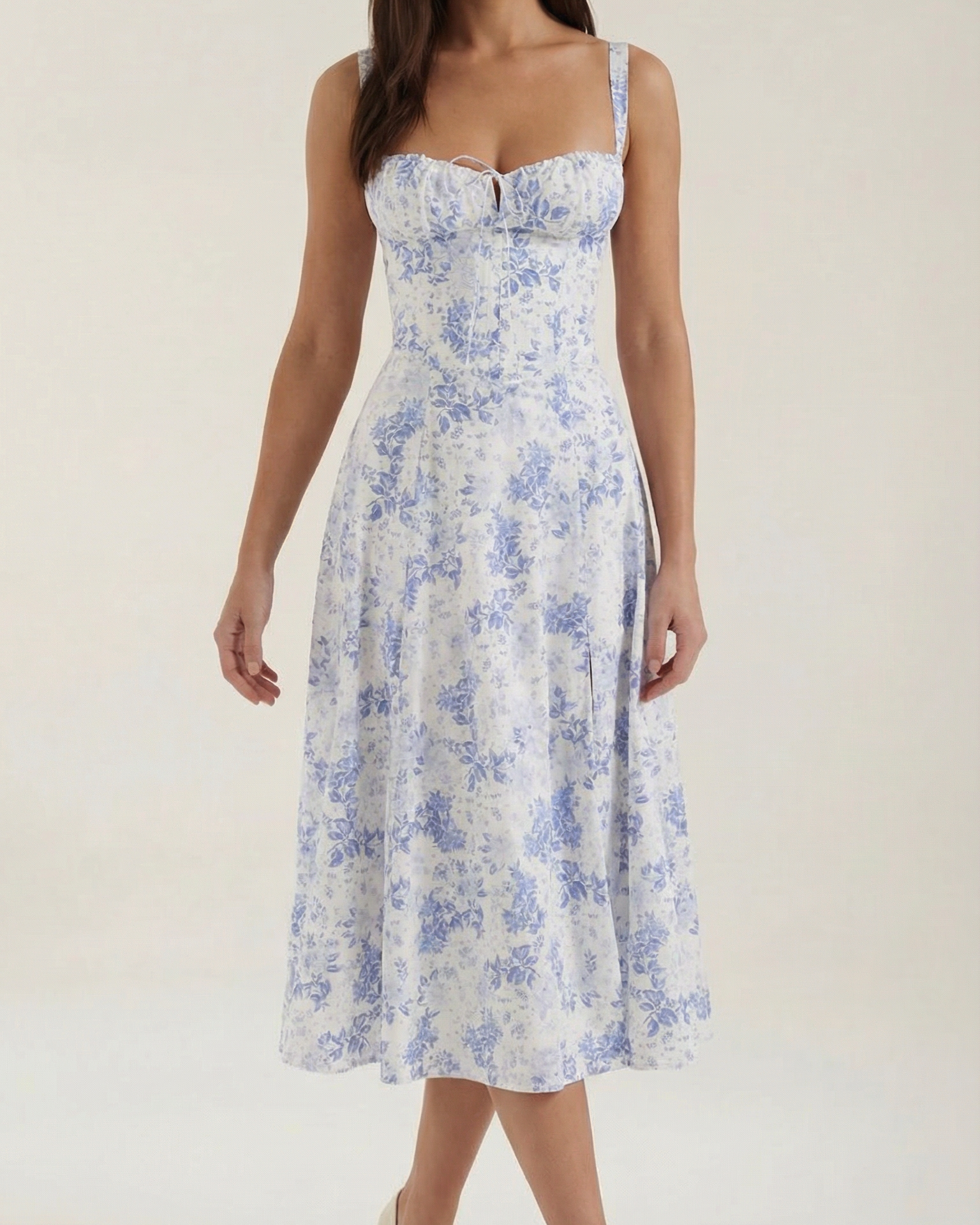Abito Midi Donna Floreale Scollo a Cuore Cottage Core