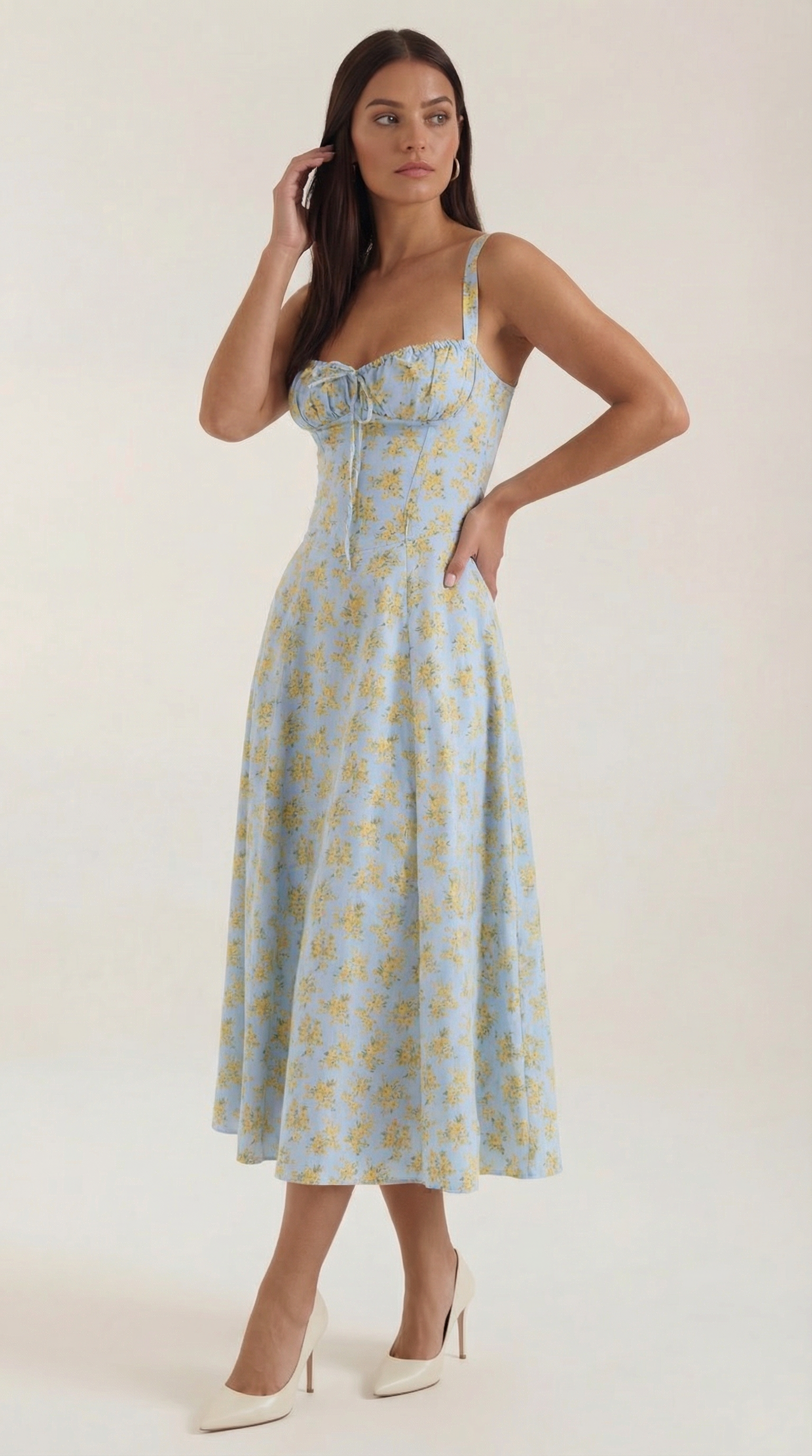 Abito Midi Donna Estivo Scollo a Cuore Lacci Floreale